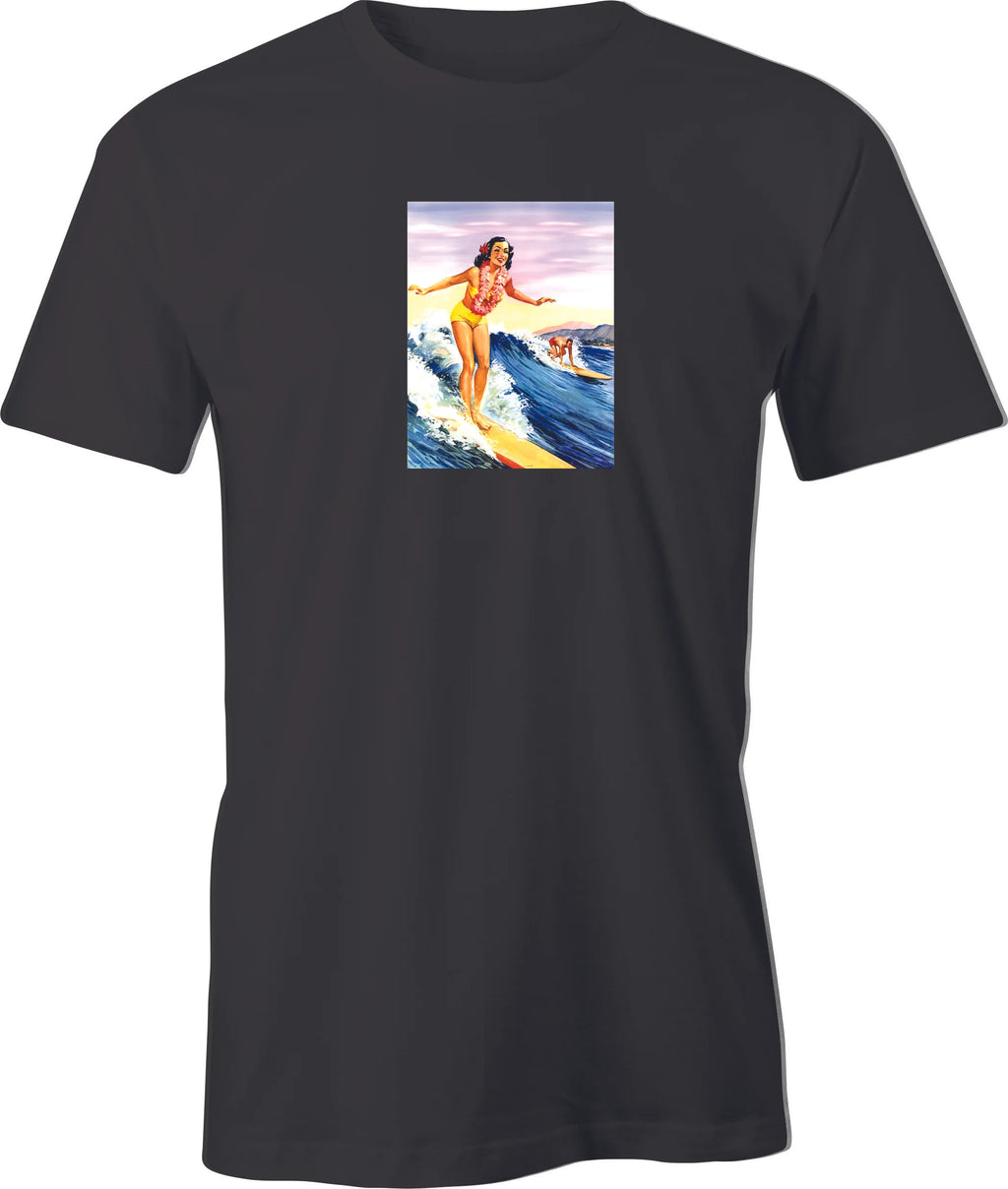 40's Hawaii Travel Surf Poster printed on men's T shirt