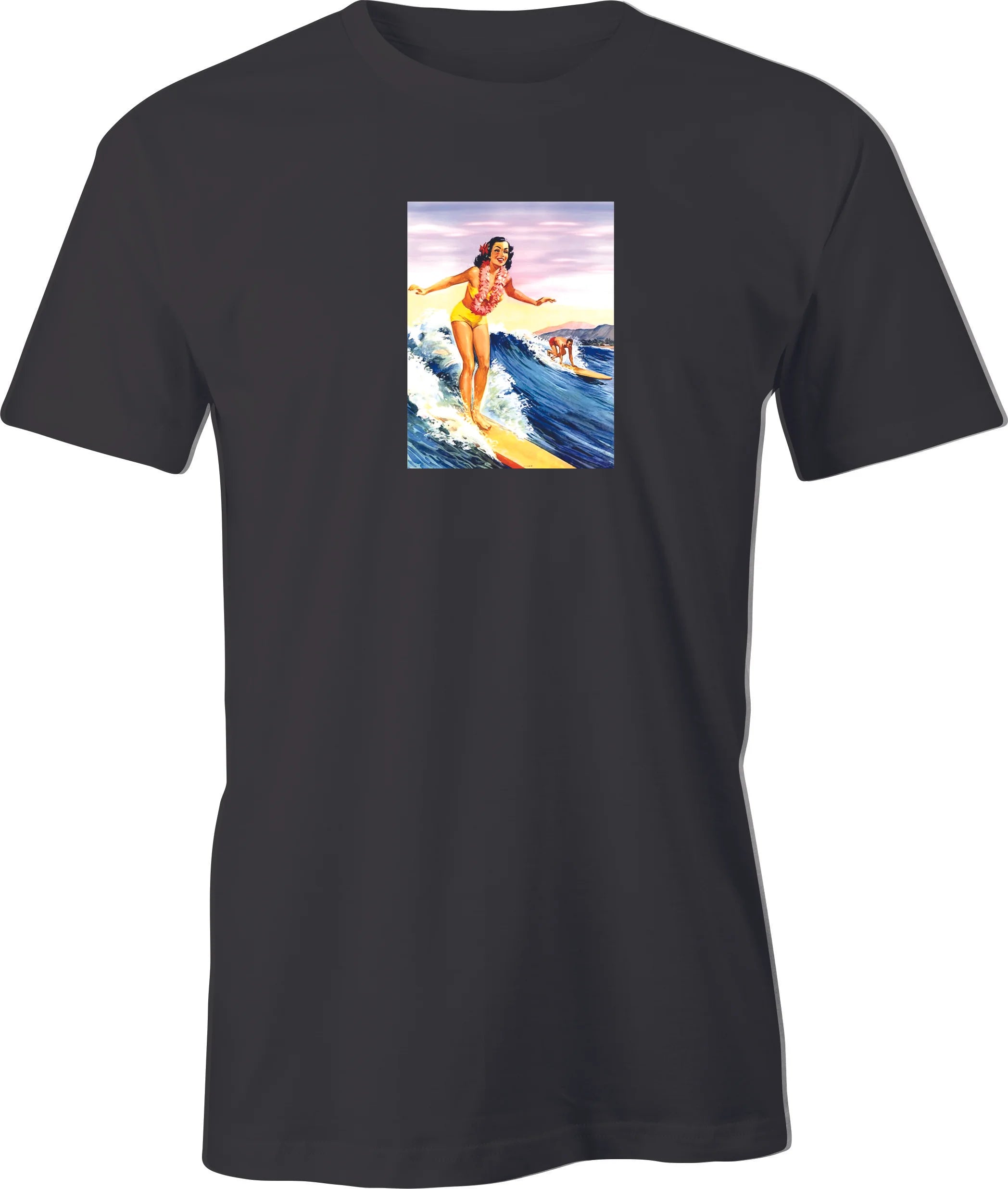 40's Hawaii Travel Surf Poster printed on men's T shirt