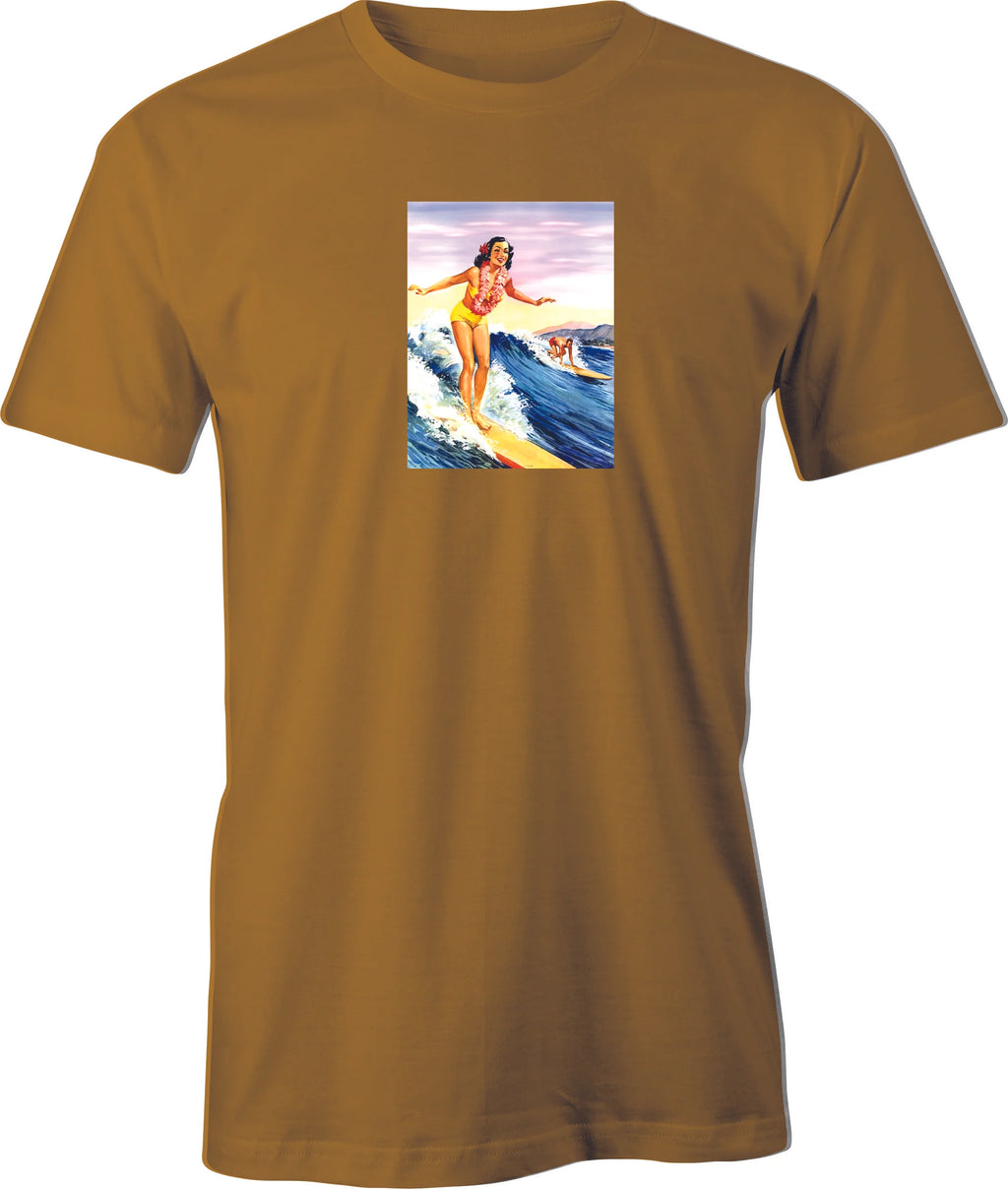 40's Hawaii Travel Surf Poster printed on men's T shirt