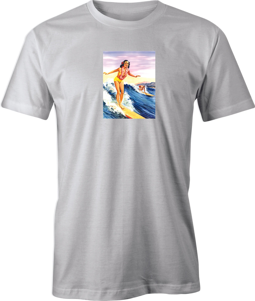 40's Hawaii Travel Surf Poster printed on men's T shirt