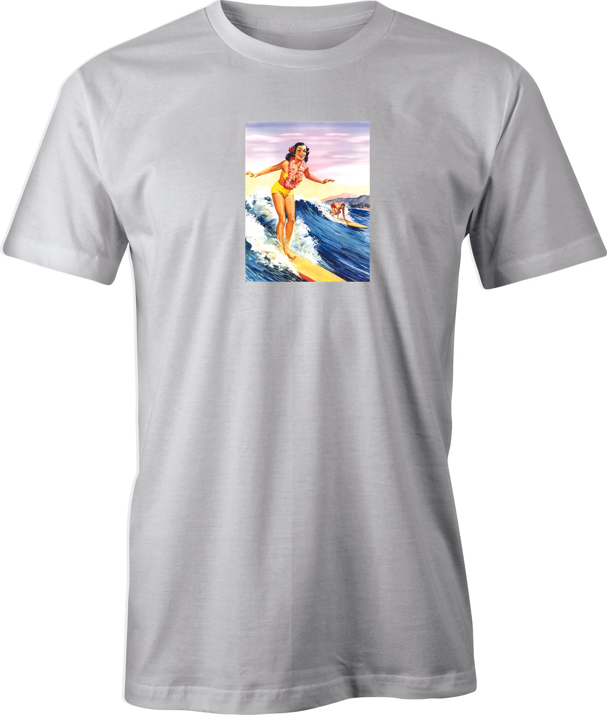 40's Hawaii Travel Surf Poster printed on men's T shirt