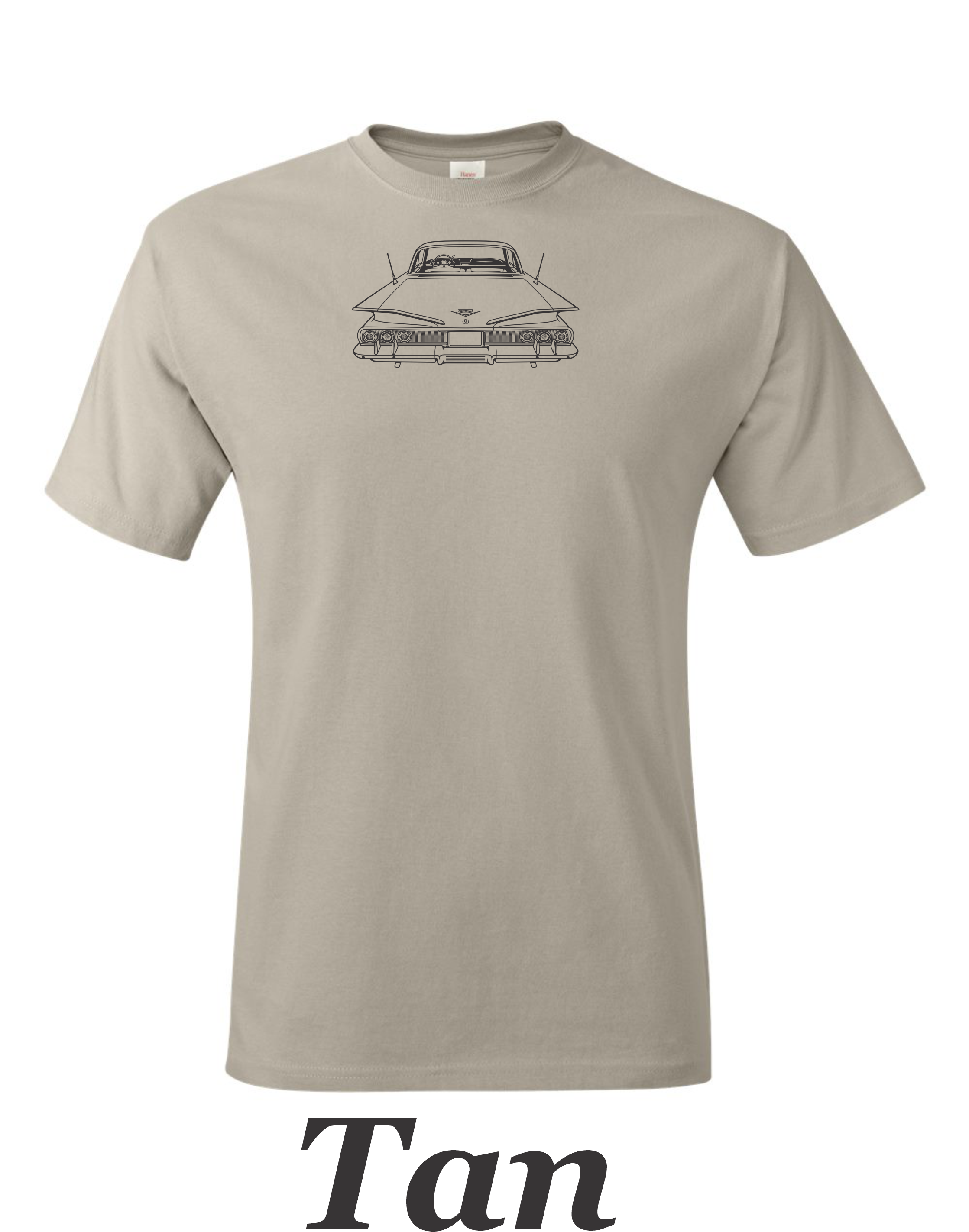 1960 Chevy Impala drawing printed on mens shirt. Classic car guys shirt. Free Shipping.