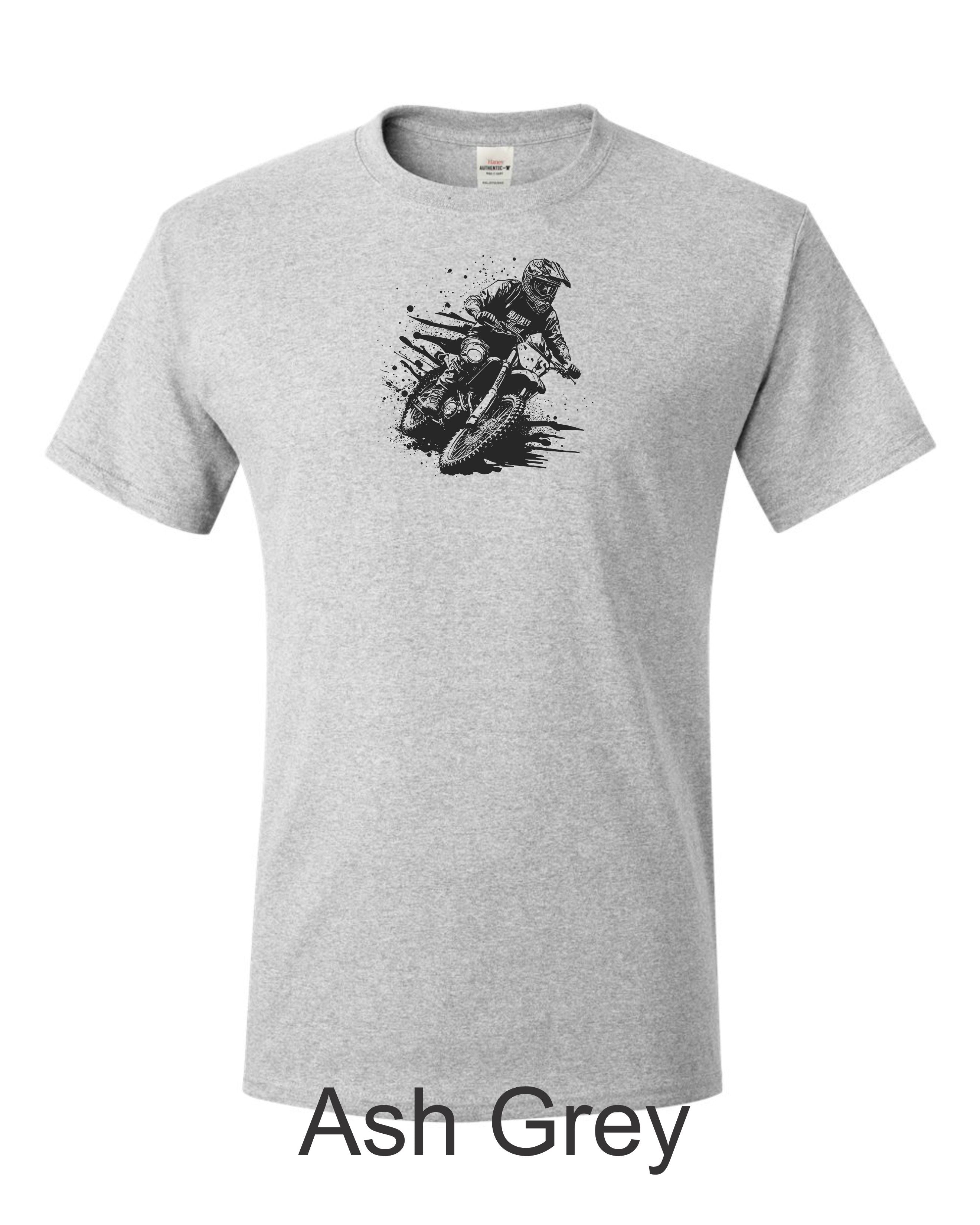 Motocross racer printed on mens shirt. Great for dirt bike rider.