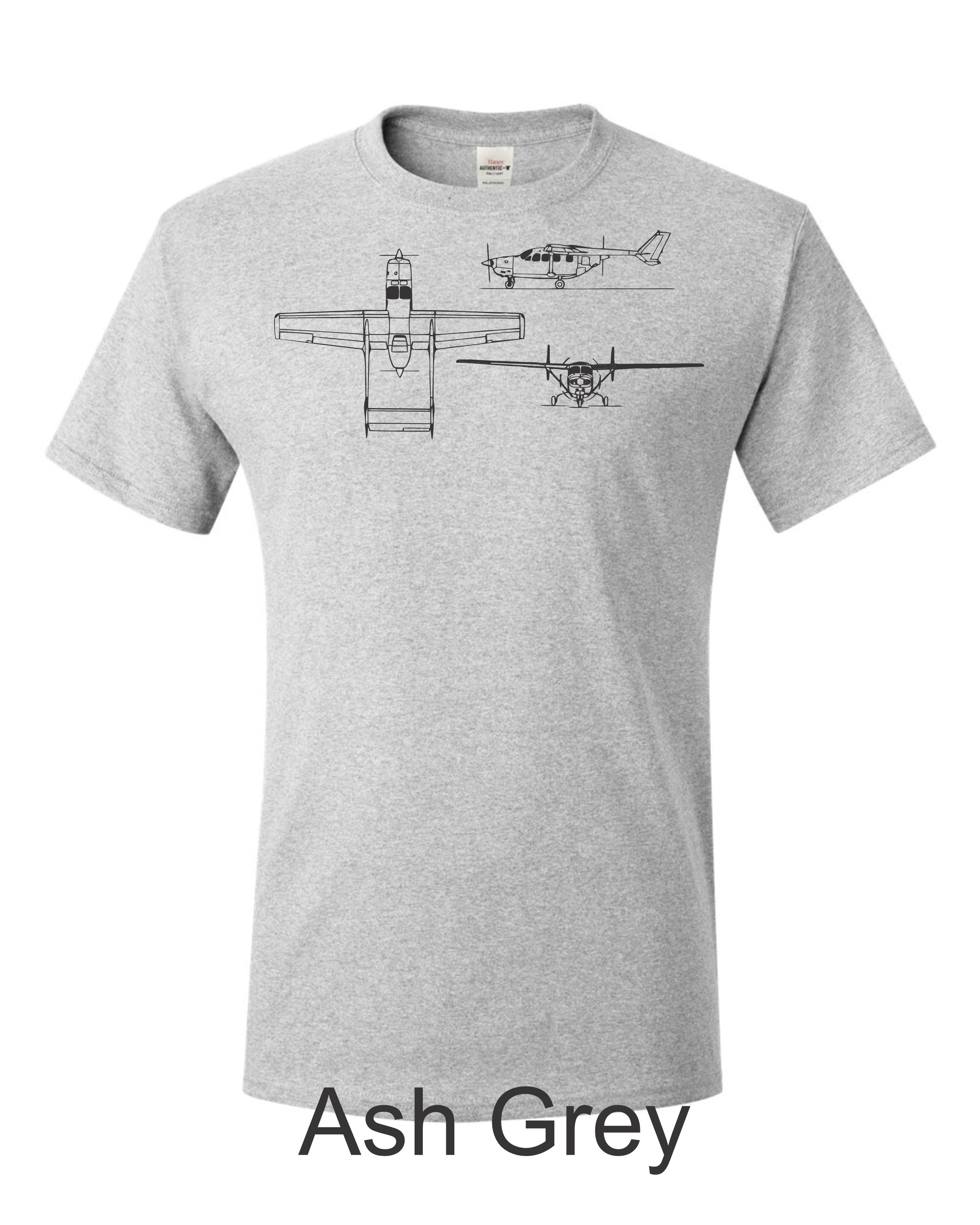 Cessna 337 Skymaster 3 view drawing printed on Men's shirt. Free shipping.