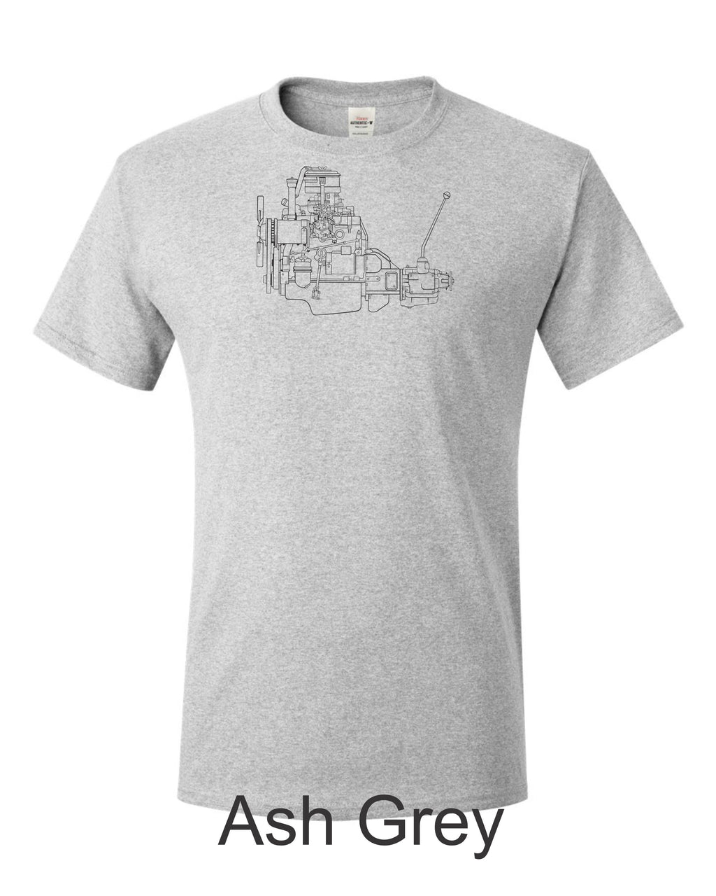 4 cylinder engine with transmission drawing printed on mens shirt. great for the vintage car guy