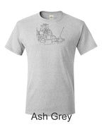 4 cylinder engine with transmission drawing printed on mens shirt. great for the vintage car guy