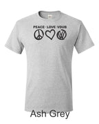 Peace Love VDUB print on mens shirt. Great gift for the Bug lover
