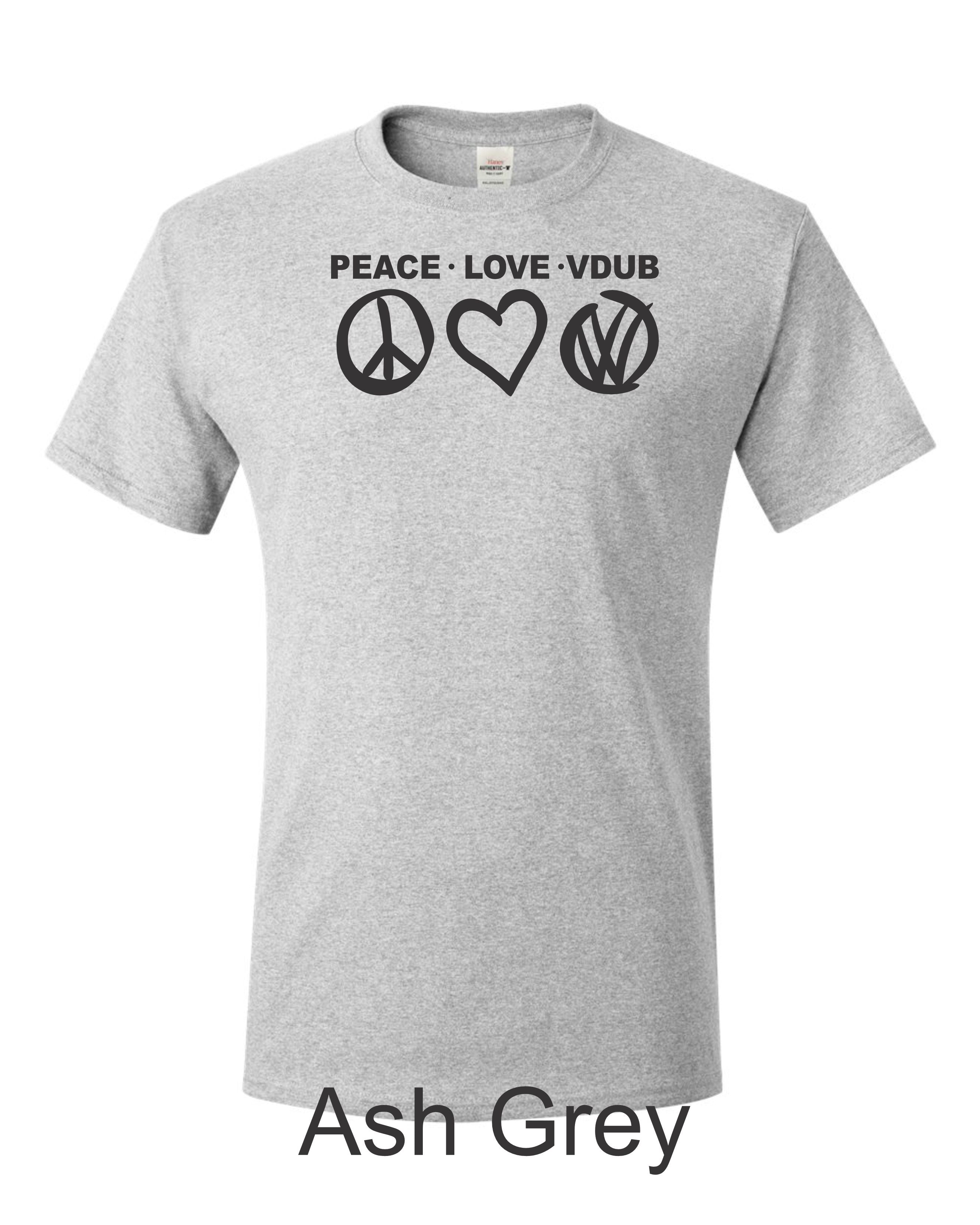 Peace Love VDUB print on mens shirt. Great gift for the Bug lover