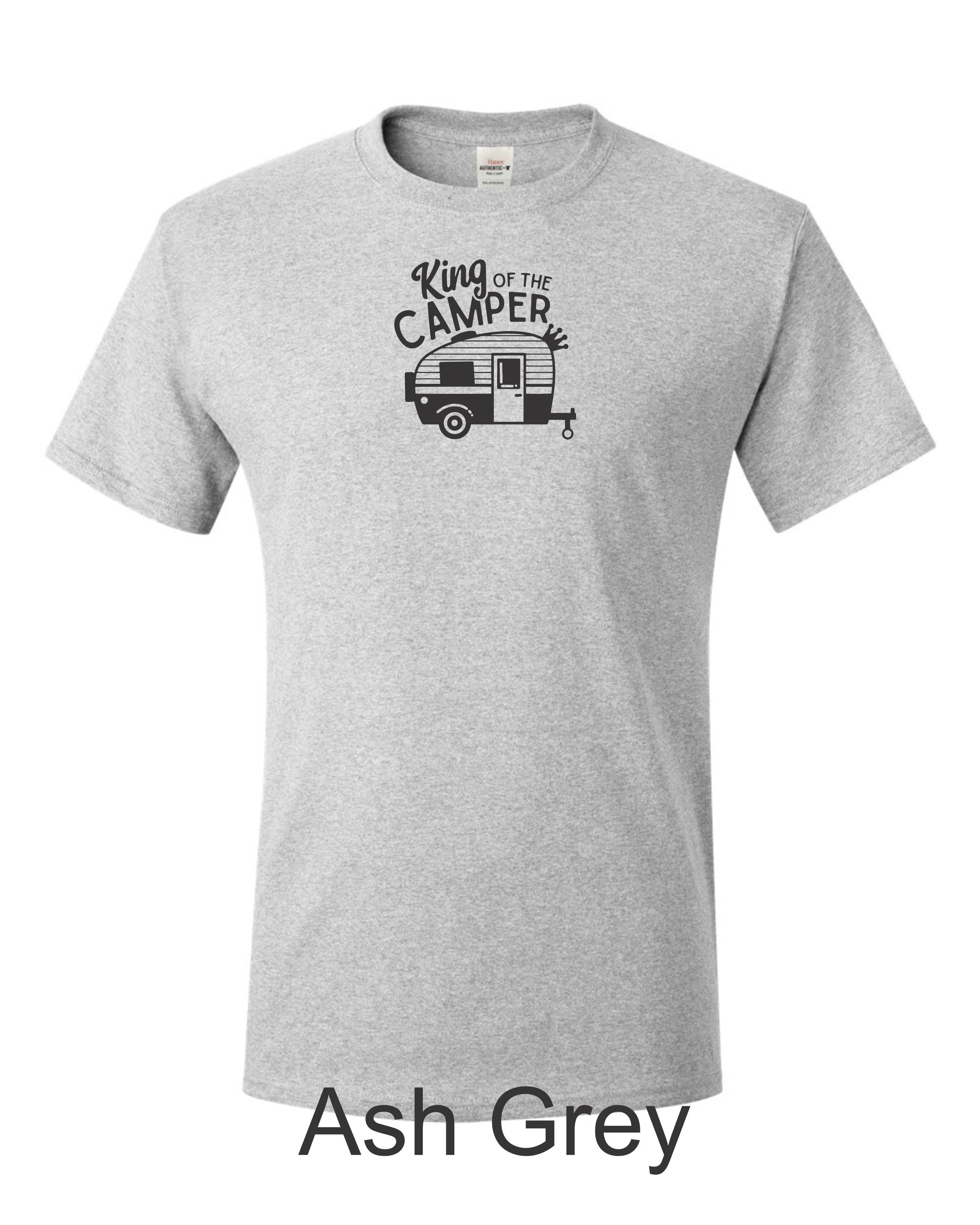 King of the Camper print on mens shirt. Great Glamping