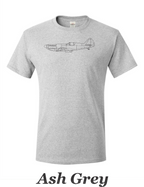 Spitfire line drawing printed on men's shirt. great gift for the warbird fan. free shipping