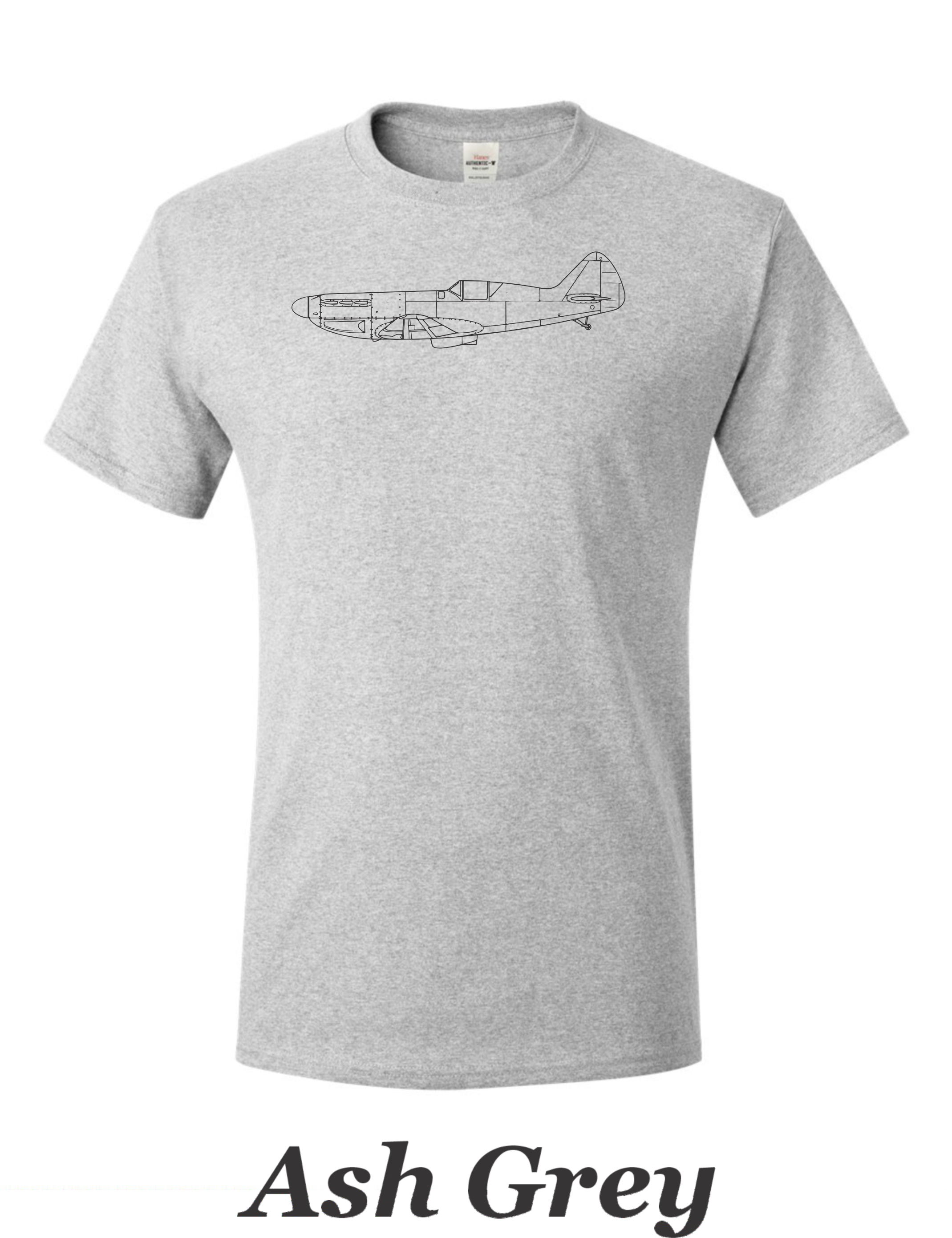 Spitfire line drawing printed on men's shirt. great gift for the warbird fan. free shipping