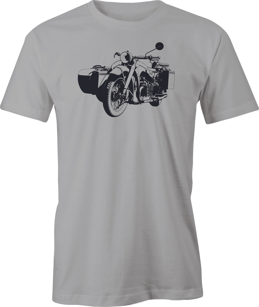 BMW R 75 with Side Car printed on men's T shirt.