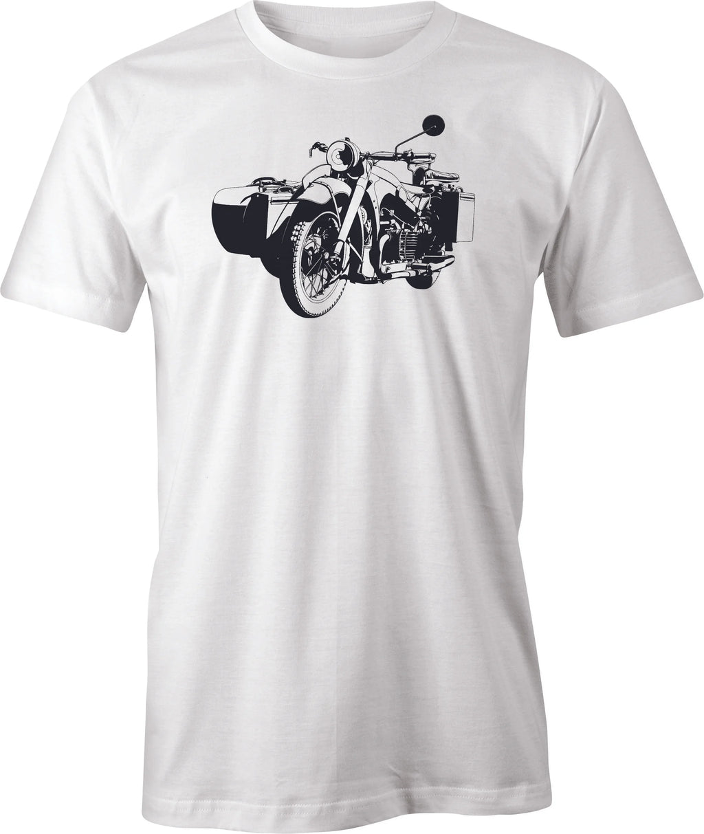BMW R 75 with Side Car printed on men's T shirt.
