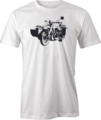 BMW R 75 with Side Car printed on men's T shirt.
