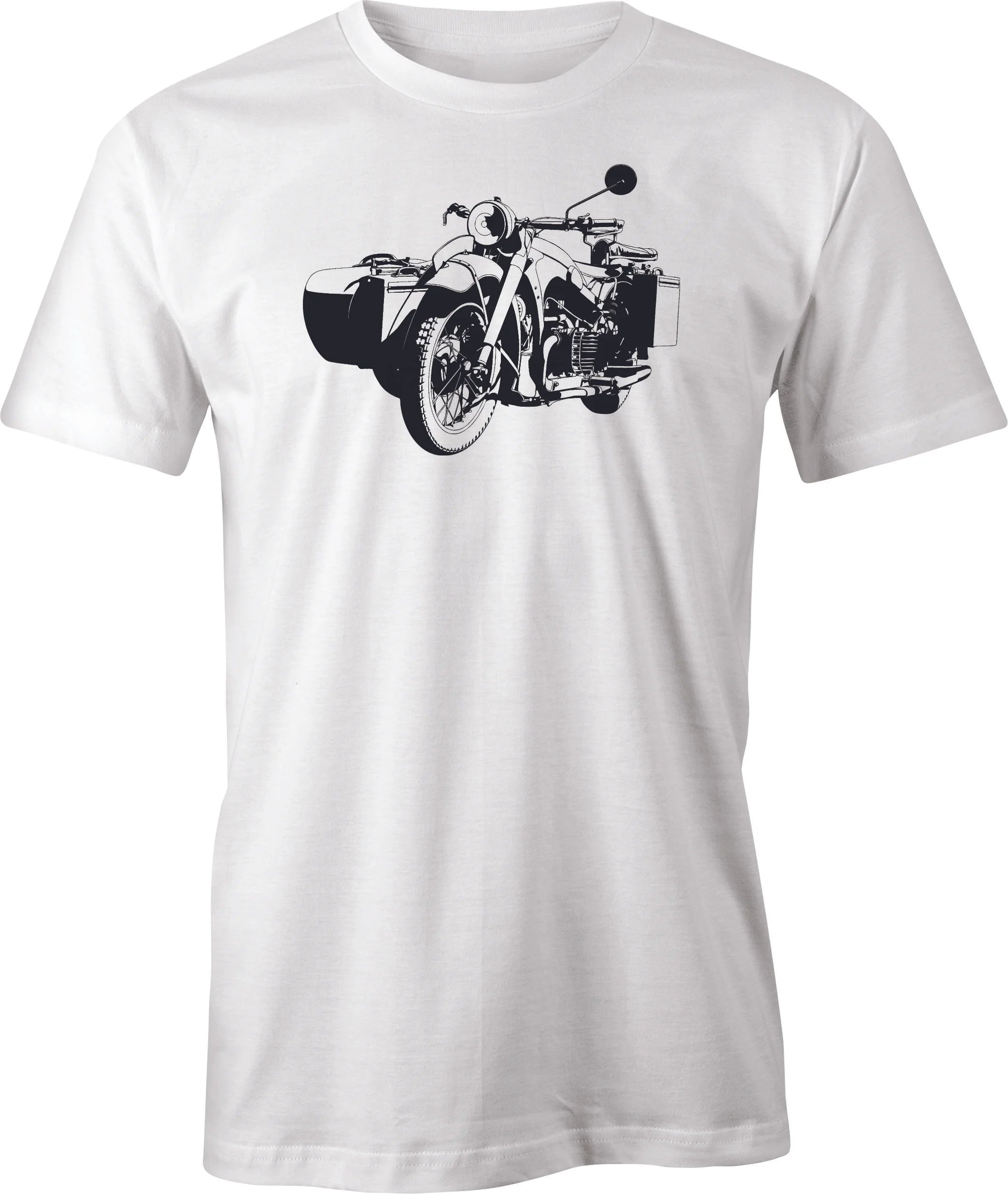 BMW R 75 with Side Car printed on men's T shirt.