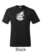 Motocross racer printed on mens shirt. Great for dirt bike rider.