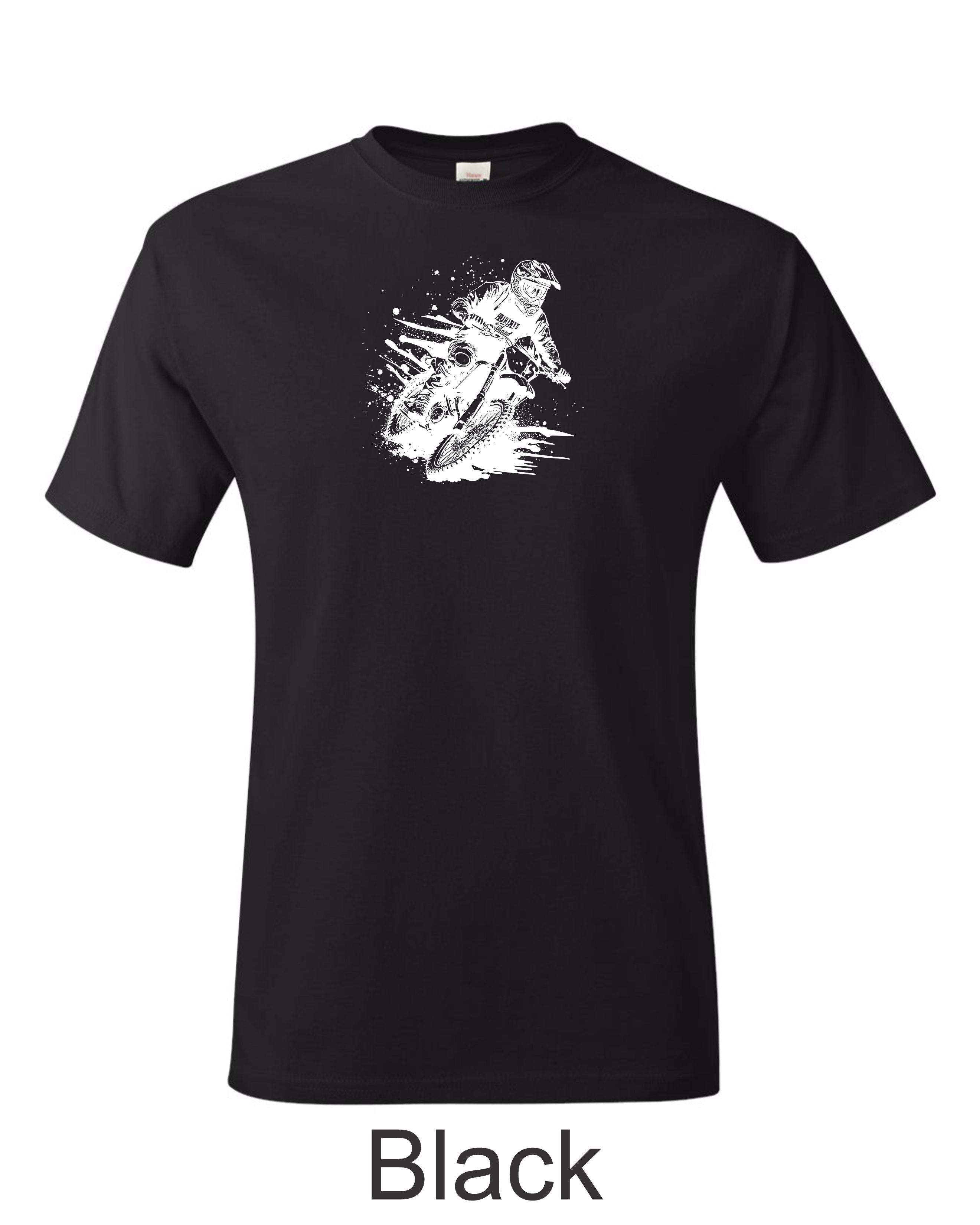 Motocross racer printed on mens shirt. Great for dirt bike rider.