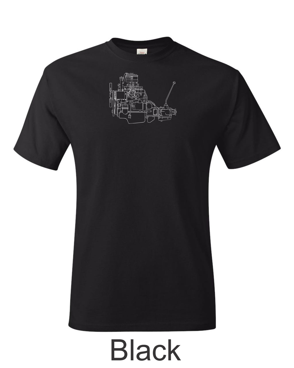 4 cylinder engine with transmission drawing printed on mens shirt. great for the vintage car guy