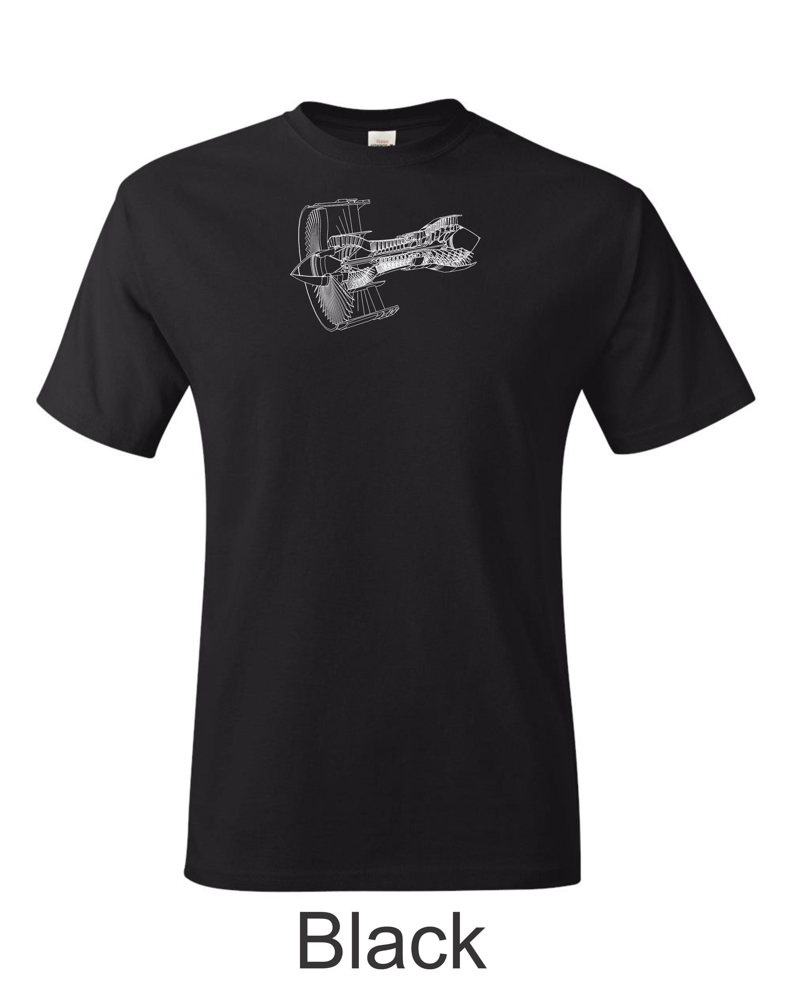 Turbofan Jet engine printed on men's shirt.  Free Shipping. Isometric Jet drawing.