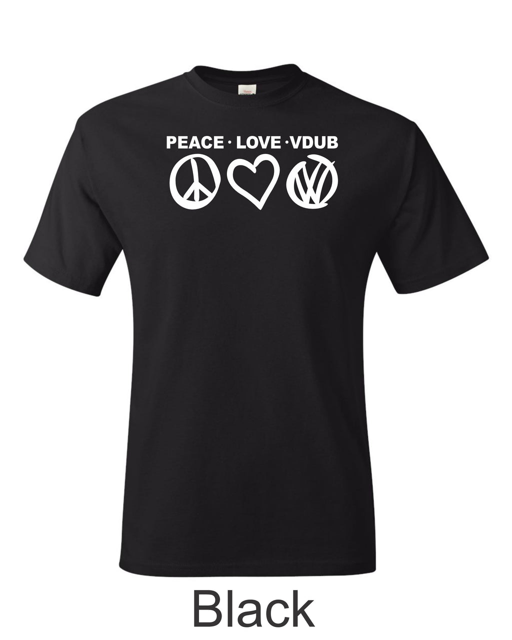 Peace Love VDUB print on mens shirt. Great gift for the Bug lover