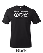 Peace Love VDUB print on mens shirt. Great gift for the Bug lover