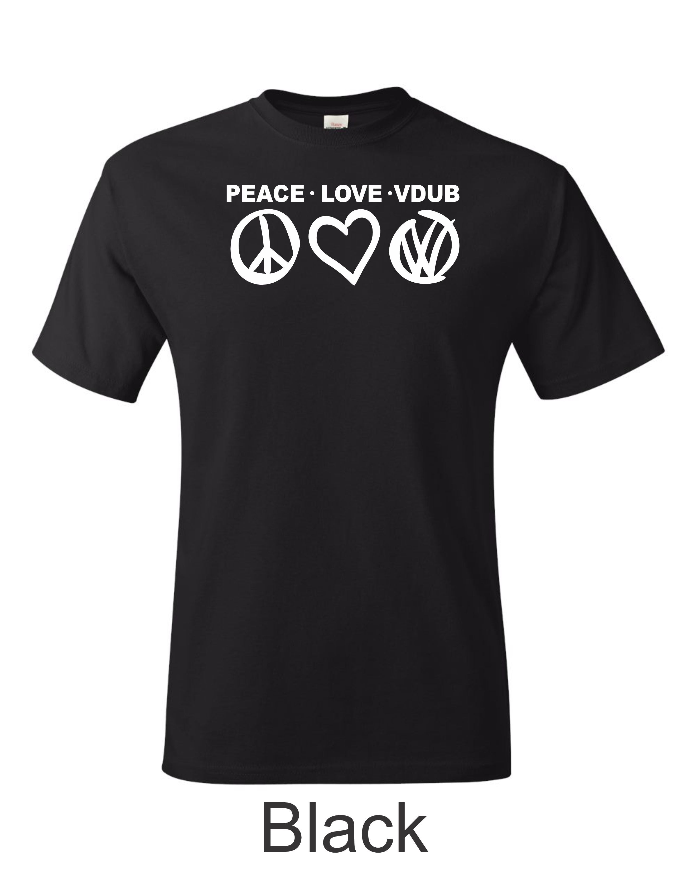 Peace Love VDUB print on mens shirt. Great gift for the Bug lover