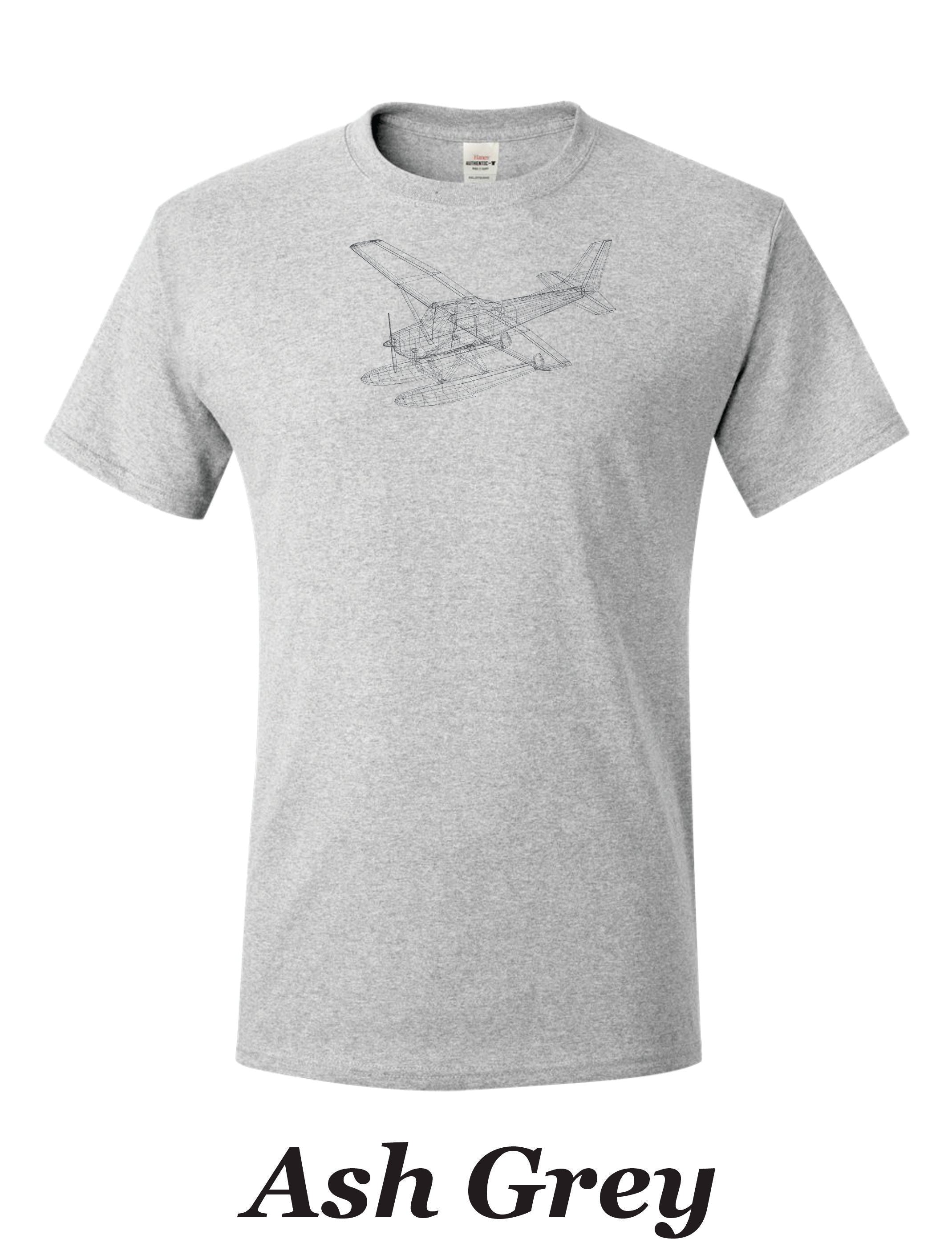 Isometric drawing of Cessna 182 on Floats printed on men's shirt.  Free shipping.