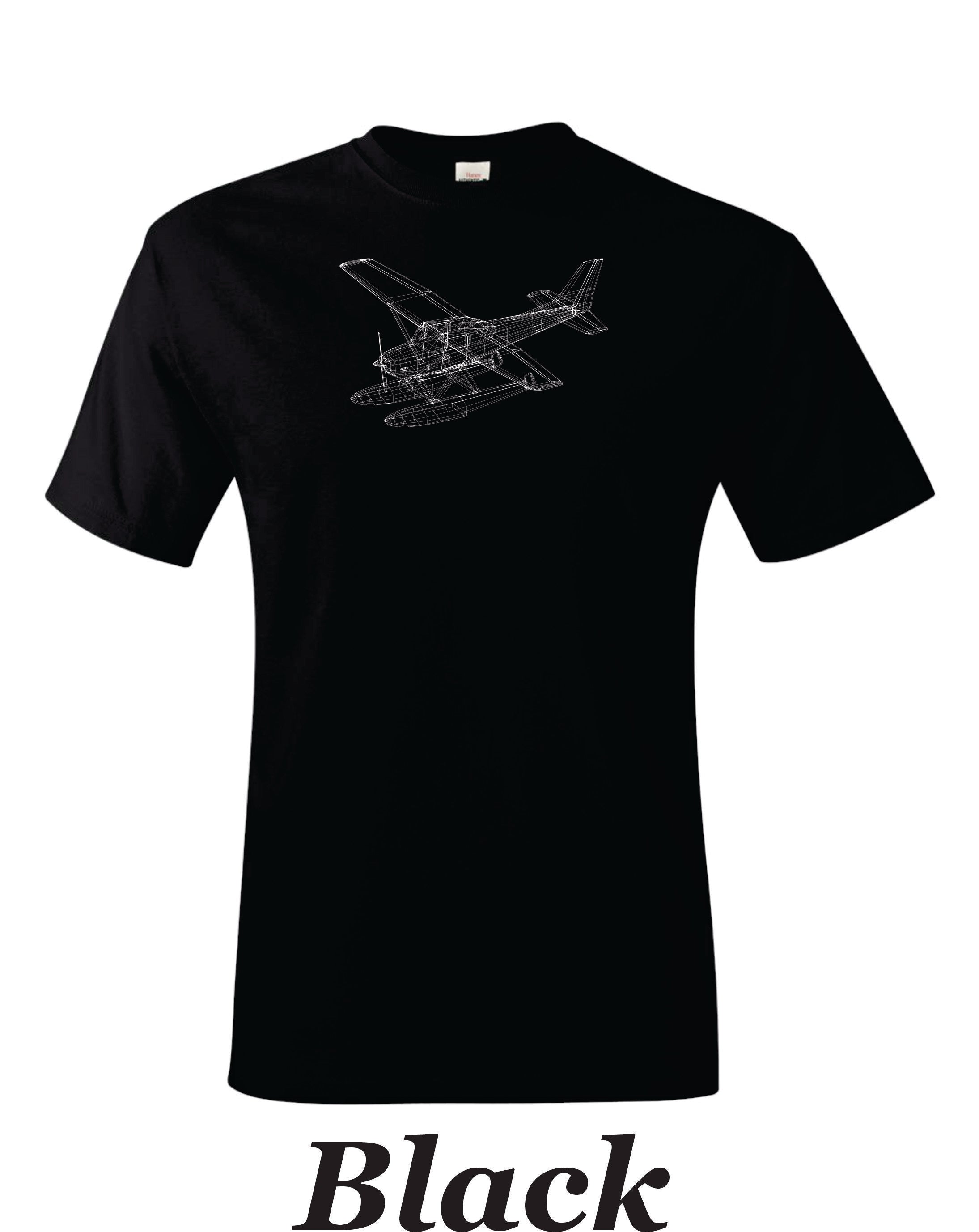 Isometric drawing of Cessna 182 on Floats printed on men's shirt.  Free shipping.