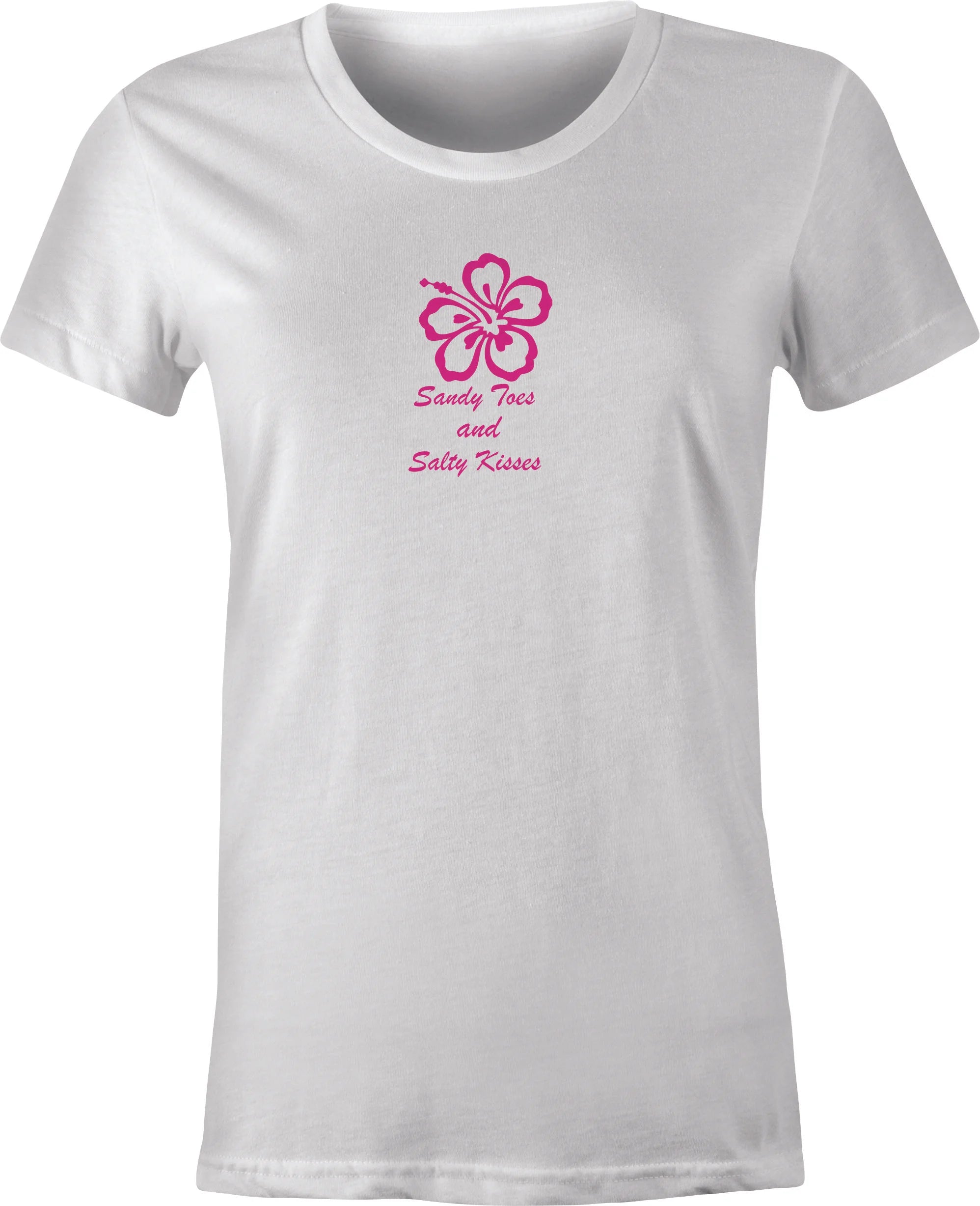 Hibiscus with Sandy Toes and Salty Kisses Script printed on Women's T shirt
