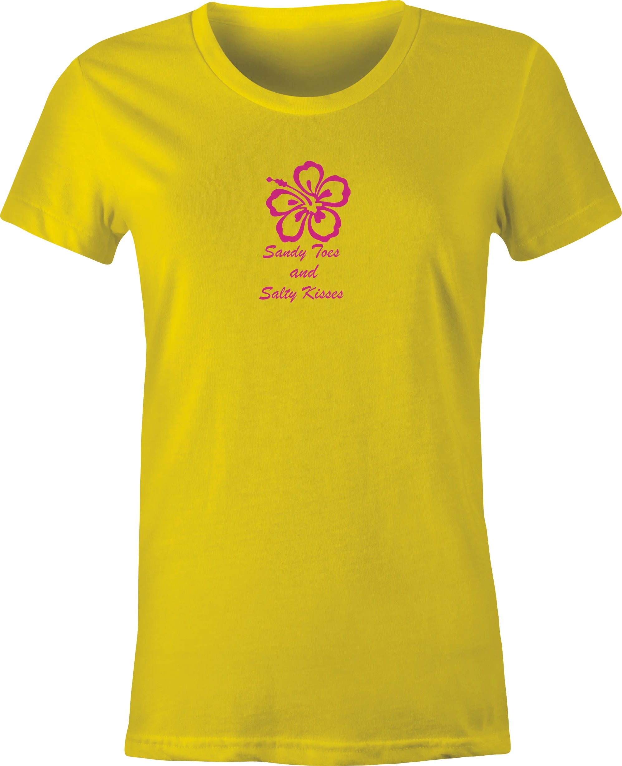 Hibiscus with Sandy Toes and Salty Kisses Script printed on Women's T shirt