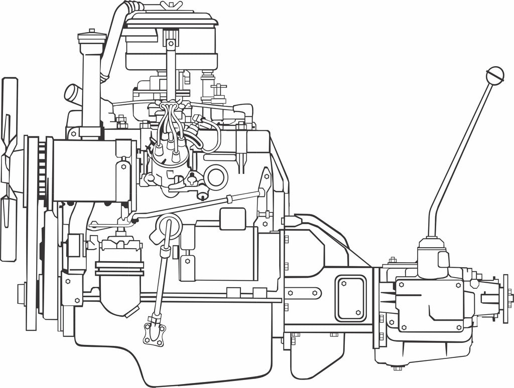 4 cylinder engine with transmission drawing printed on mens shirt. great for the vintage car guy