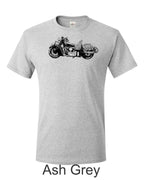 Indian motorcycle drawing printed on men's shirt. Classic 50's Harley motorcycle.