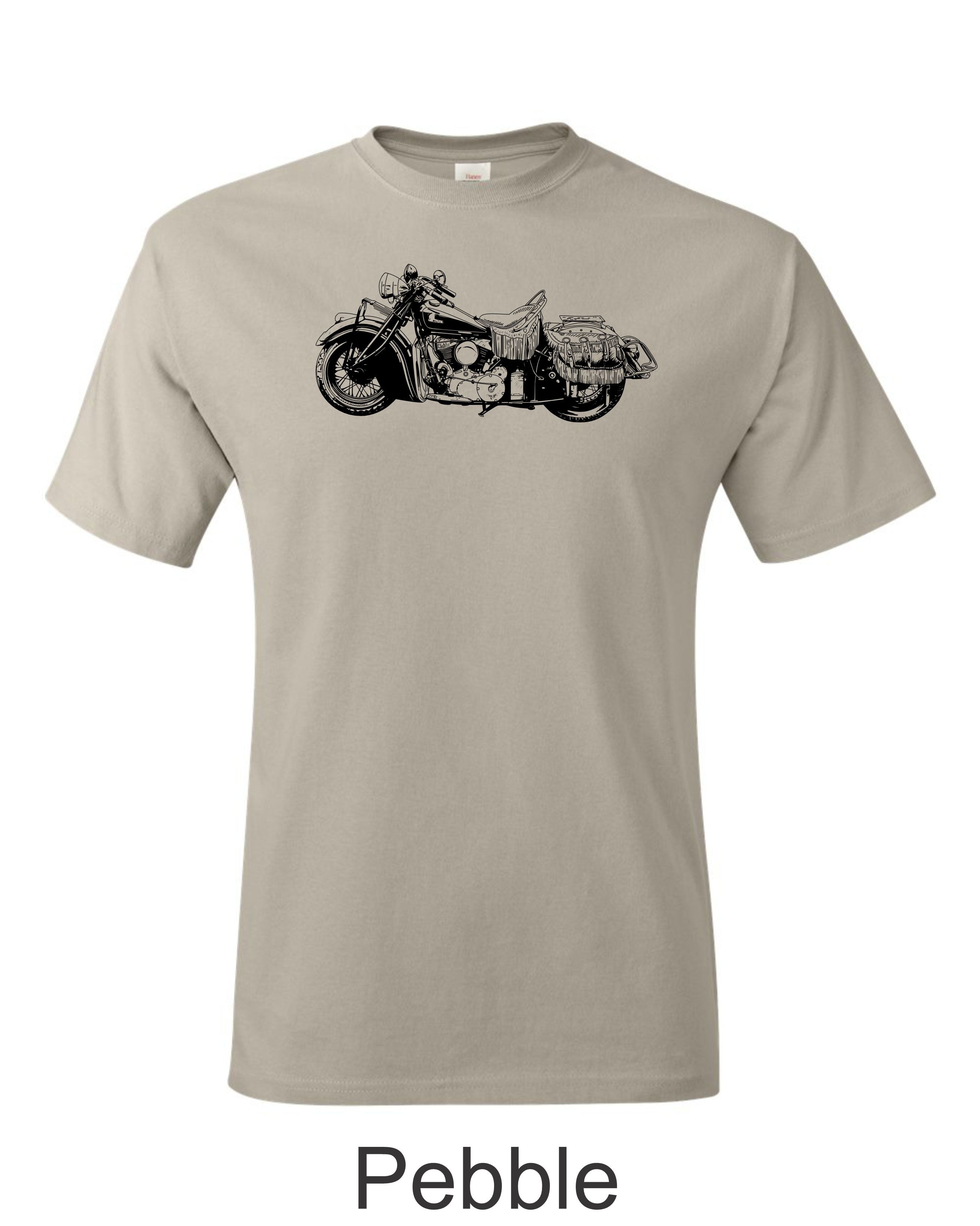 Indian motorcycle drawing printed on men's shirt. Classic 50's Harley motorcycle.