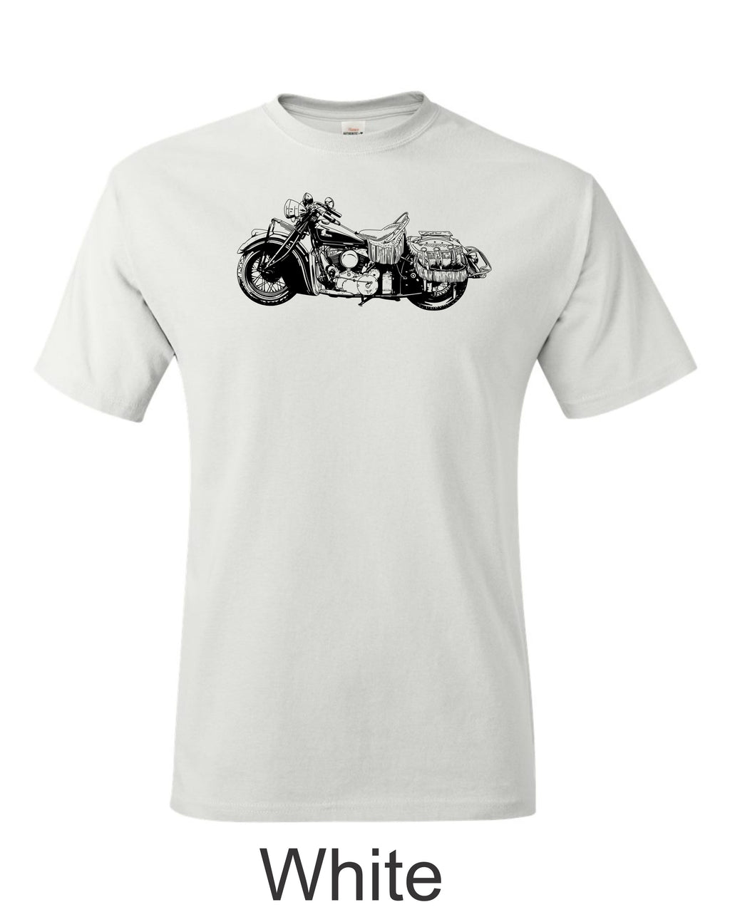Indian motorcycle drawing printed on men's shirt. Classic 50's Harley motorcycle.