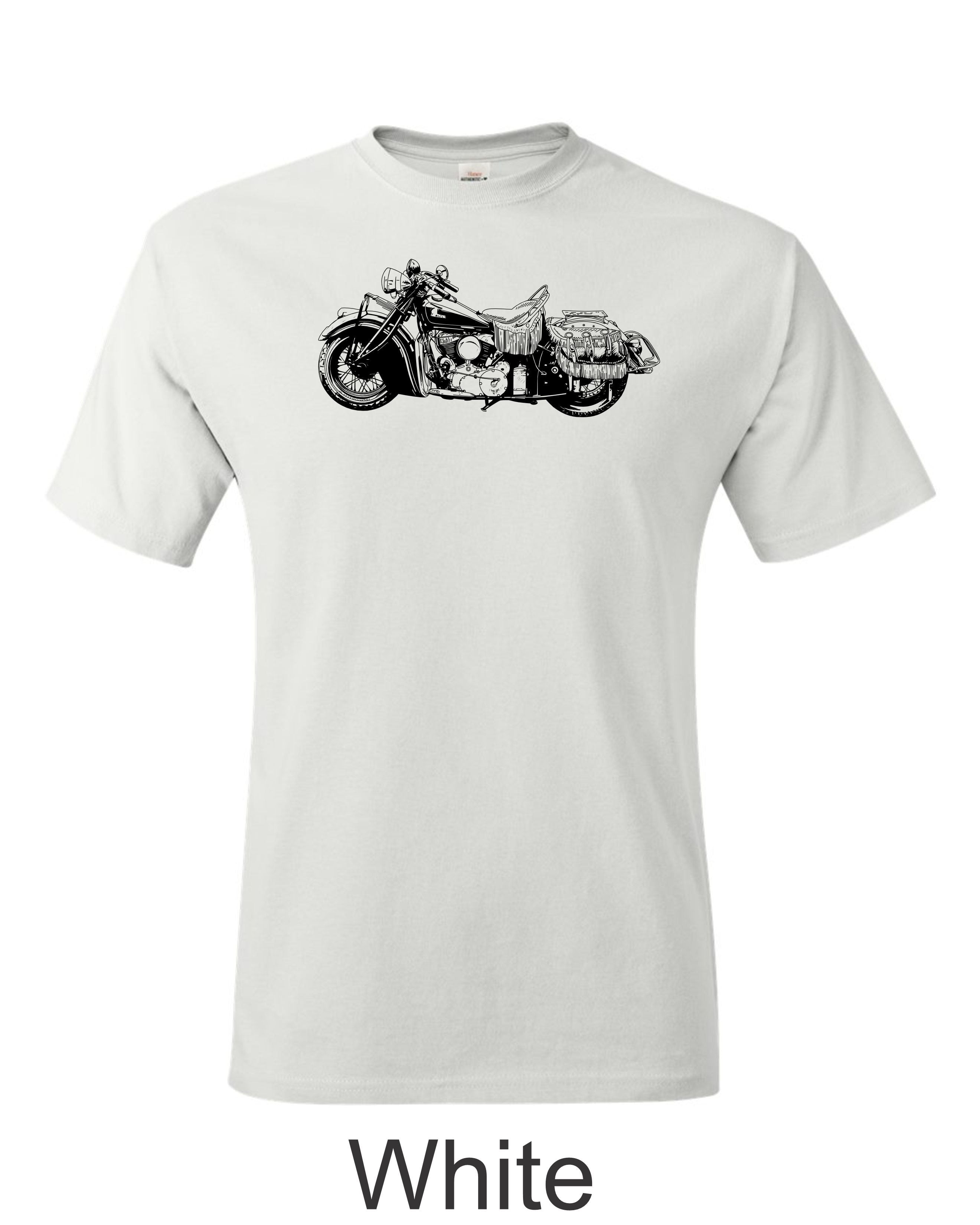 Indian motorcycle drawing printed on men's shirt. Classic 50's Harley motorcycle.
