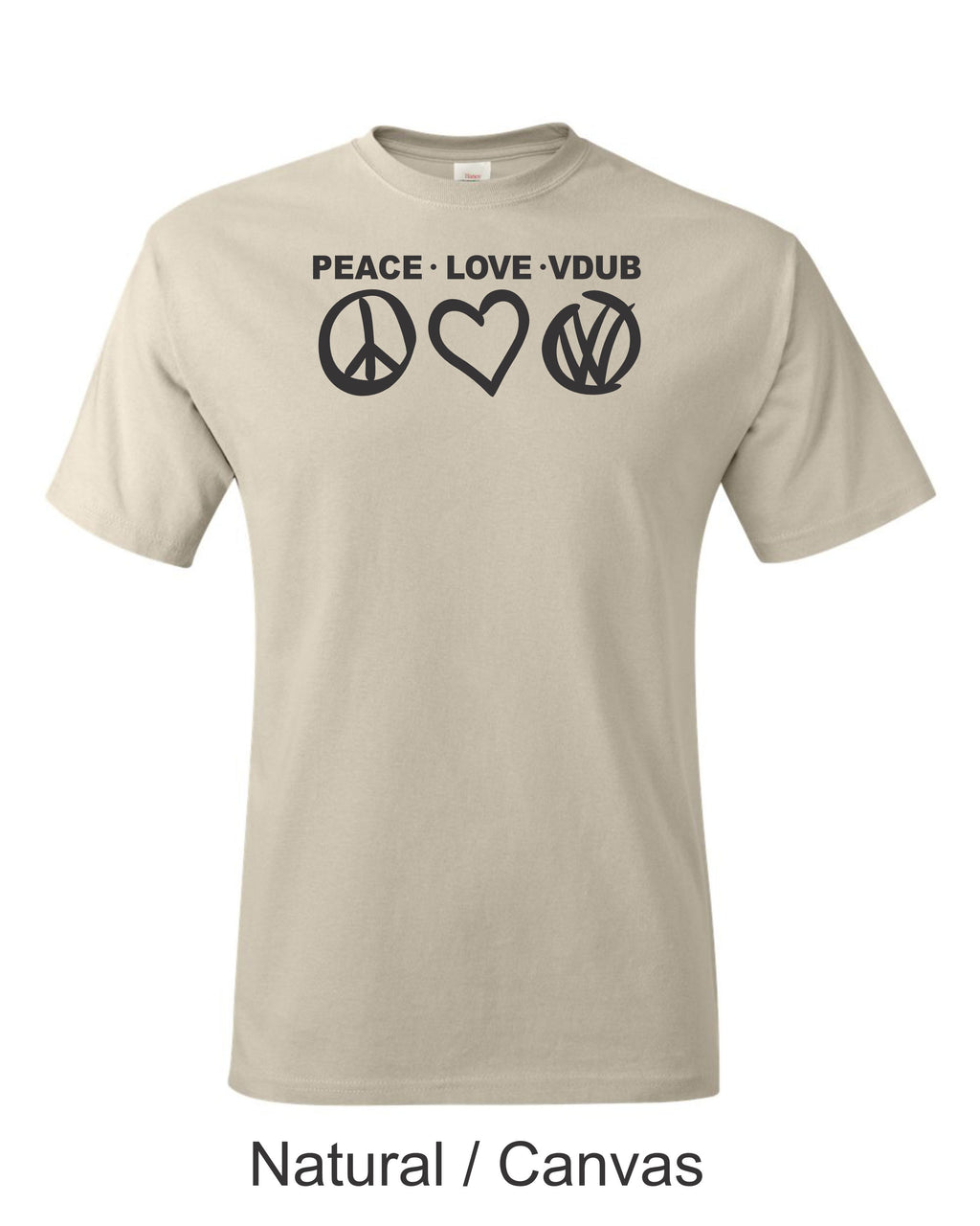 Peace Love VDUB print on mens shirt. Great gift for the Bug lover