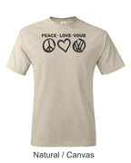 Peace Love VDUB print on mens shirt. Great gift for the Bug lover