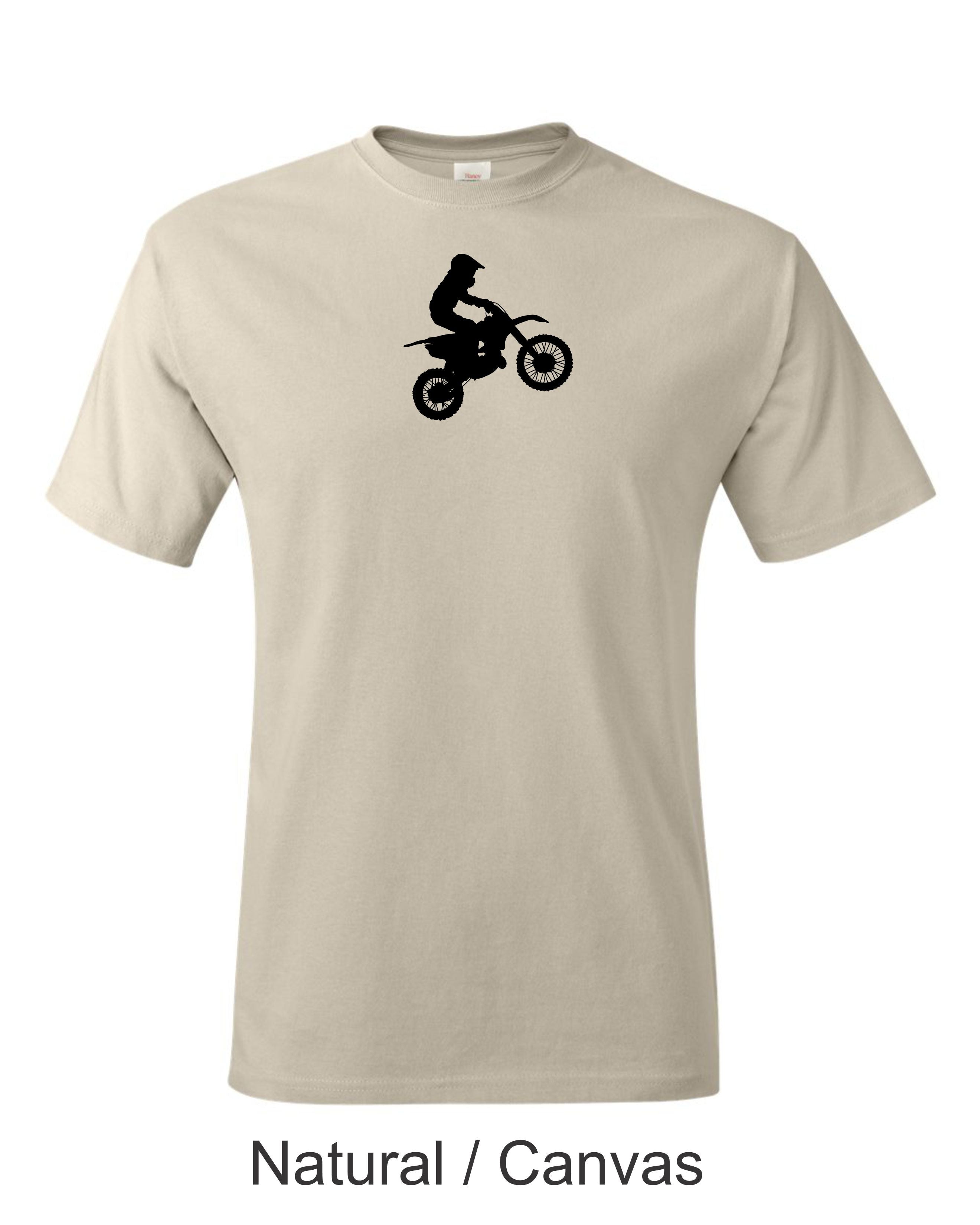 Kid Dirt bike rider drawing printed on men's shirt.  Kid riding dirtbike / motocross. Free Shipping.