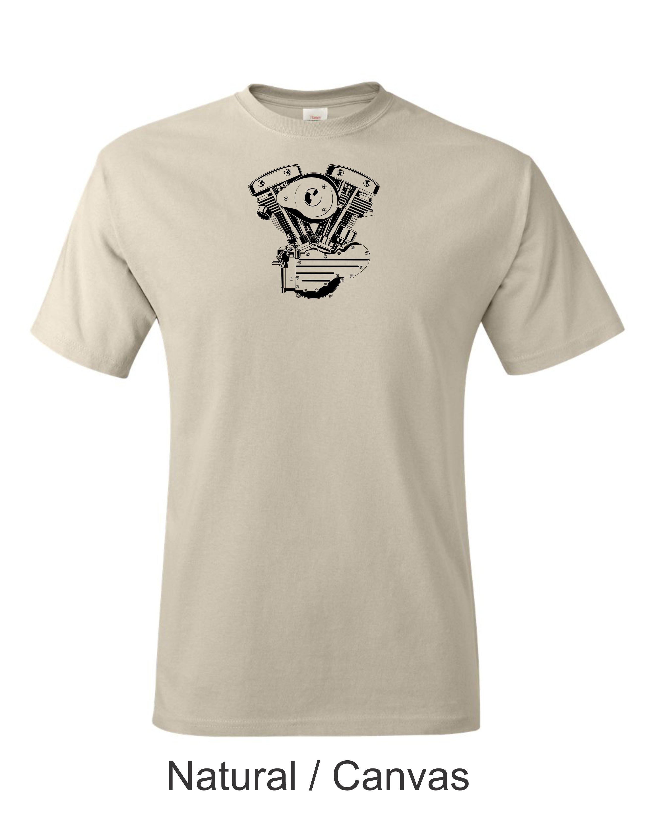 V twin drawing printed on mens shirt. Great gift for the Harley and S&S engine guy.