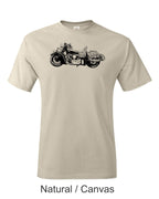 Indian motorcycle drawing printed on men's shirt. Classic 50's Harley motorcycle.