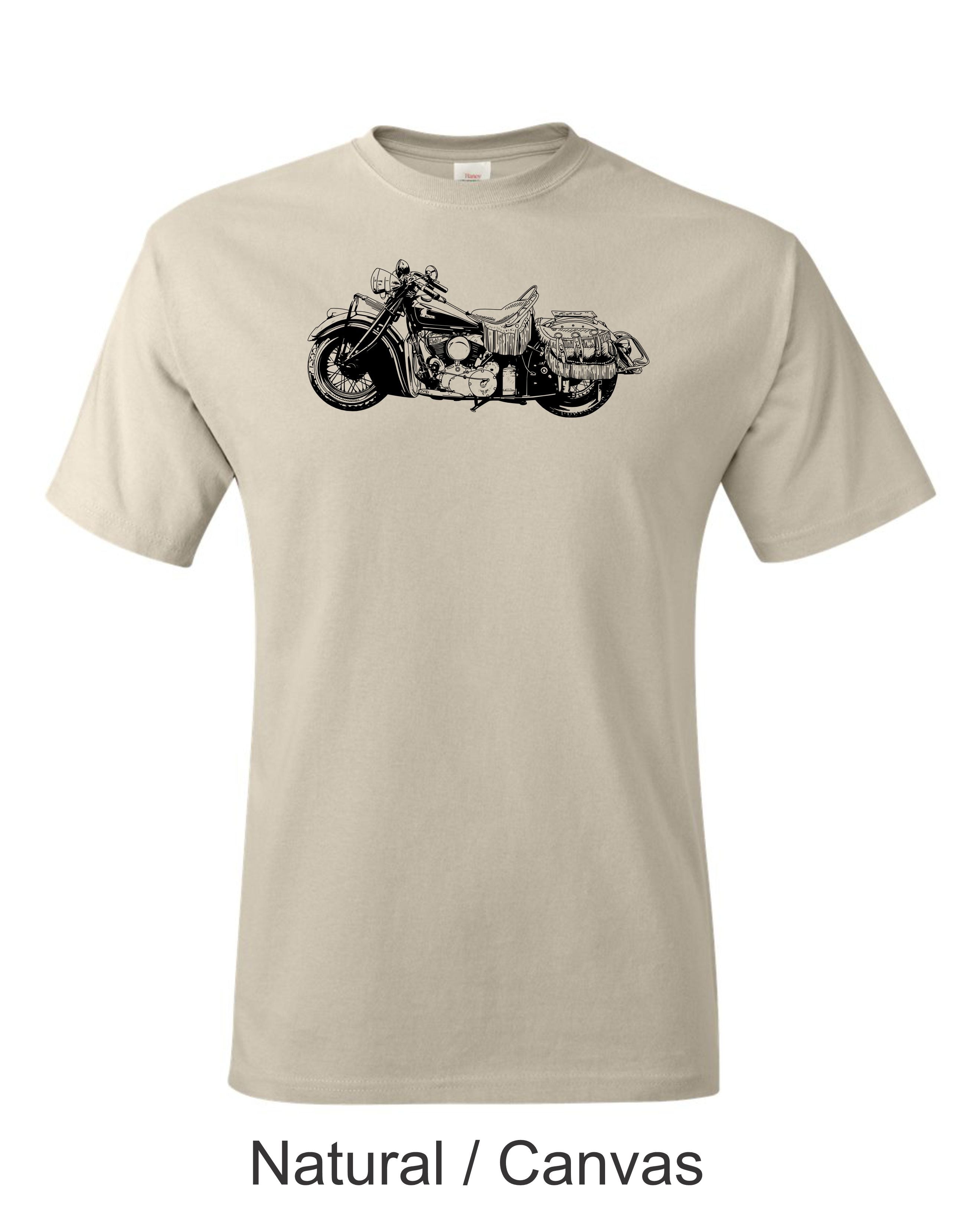 Indian motorcycle drawing printed on men's shirt. Classic 50's Harley motorcycle.