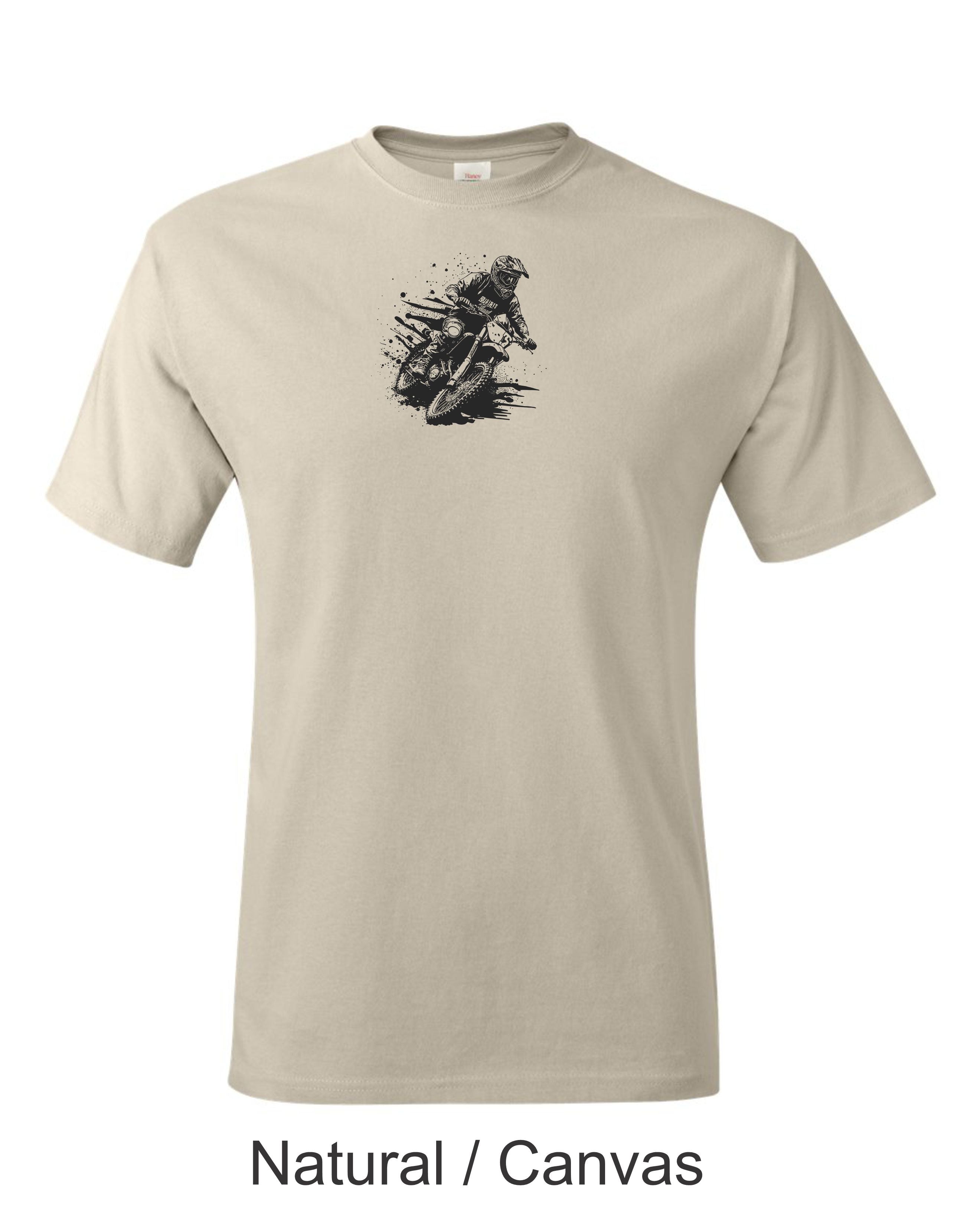 Motocross racer printed on mens shirt. Great for dirt bike rider.