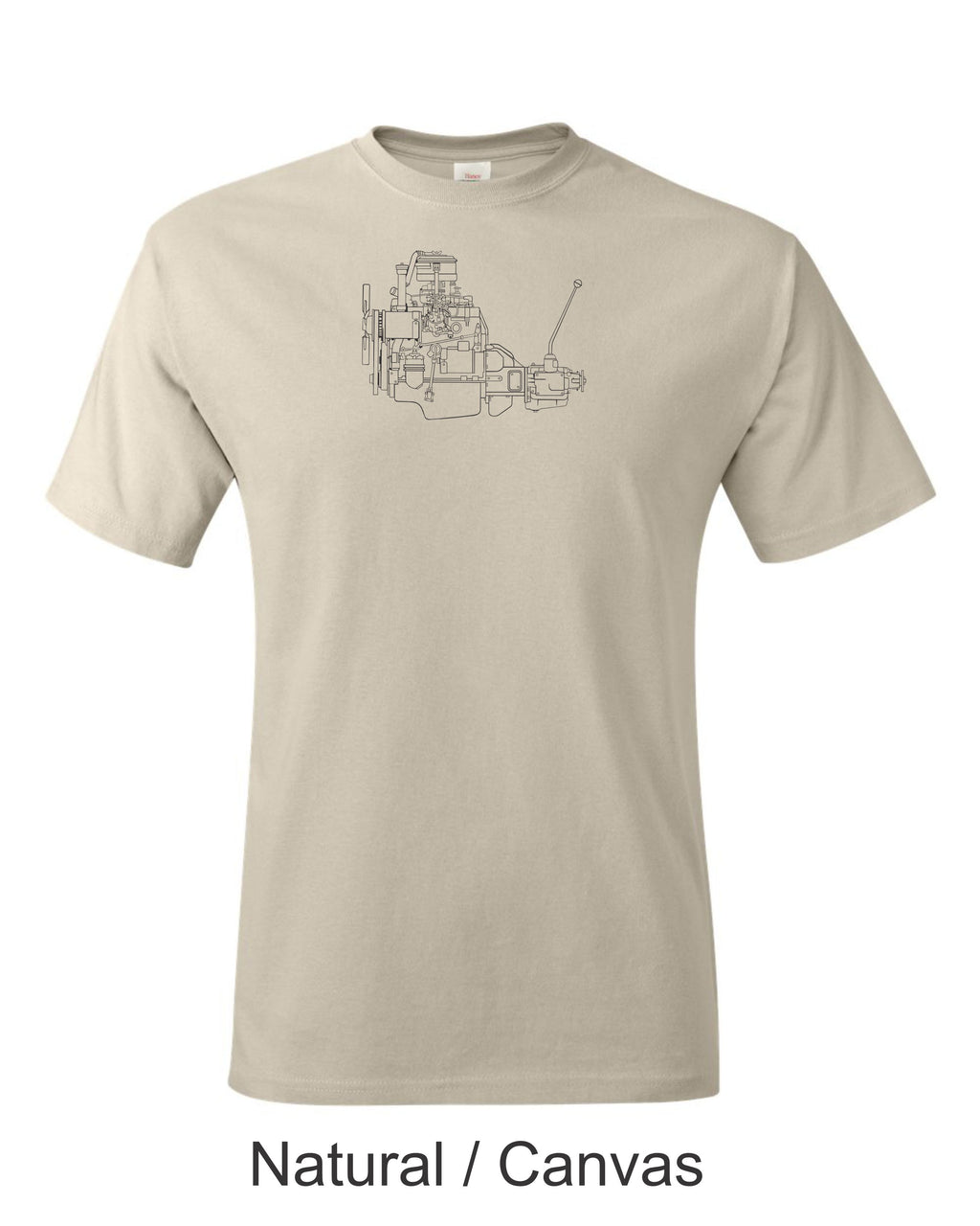 4 cylinder engine with transmission drawing printed on mens shirt. great for the vintage car guy