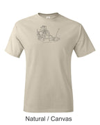 4 cylinder engine with transmission drawing printed on mens shirt. great for the vintage car guy