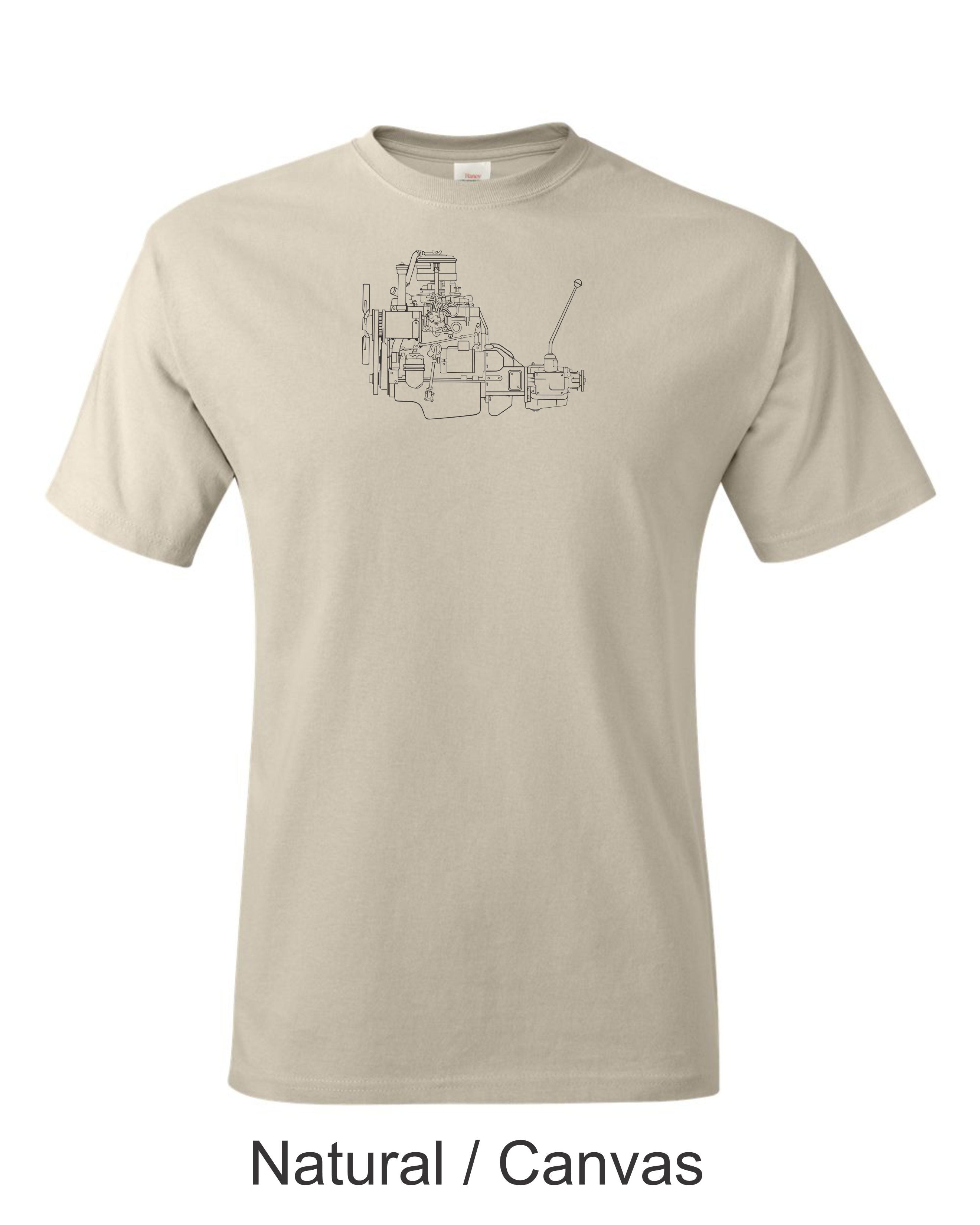 4 cylinder engine with transmission drawing printed on mens shirt. great for the vintage car guy