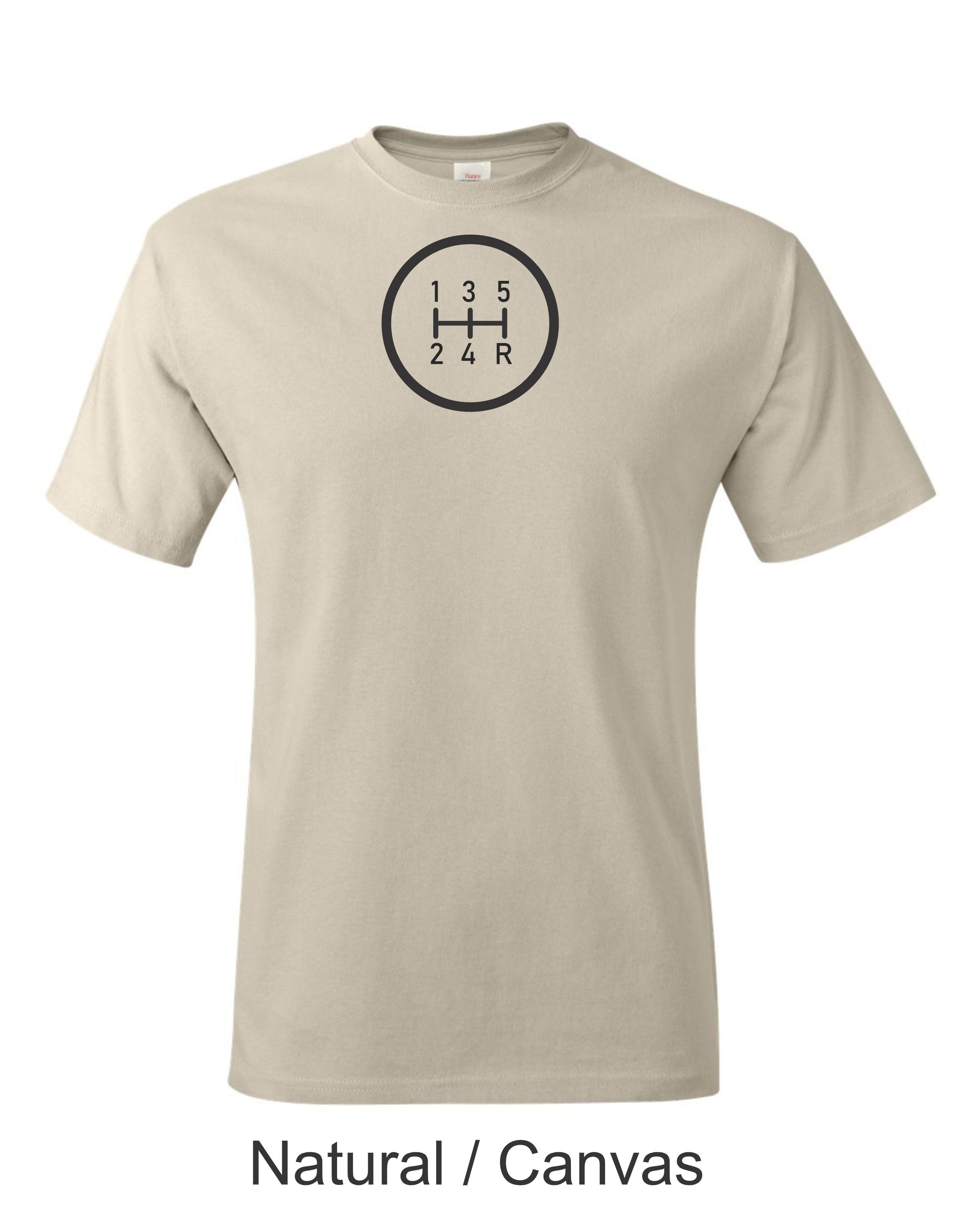 5 Speed shift pattern printed on men's shirt.  Great gift for the gearhead. Free shipping.