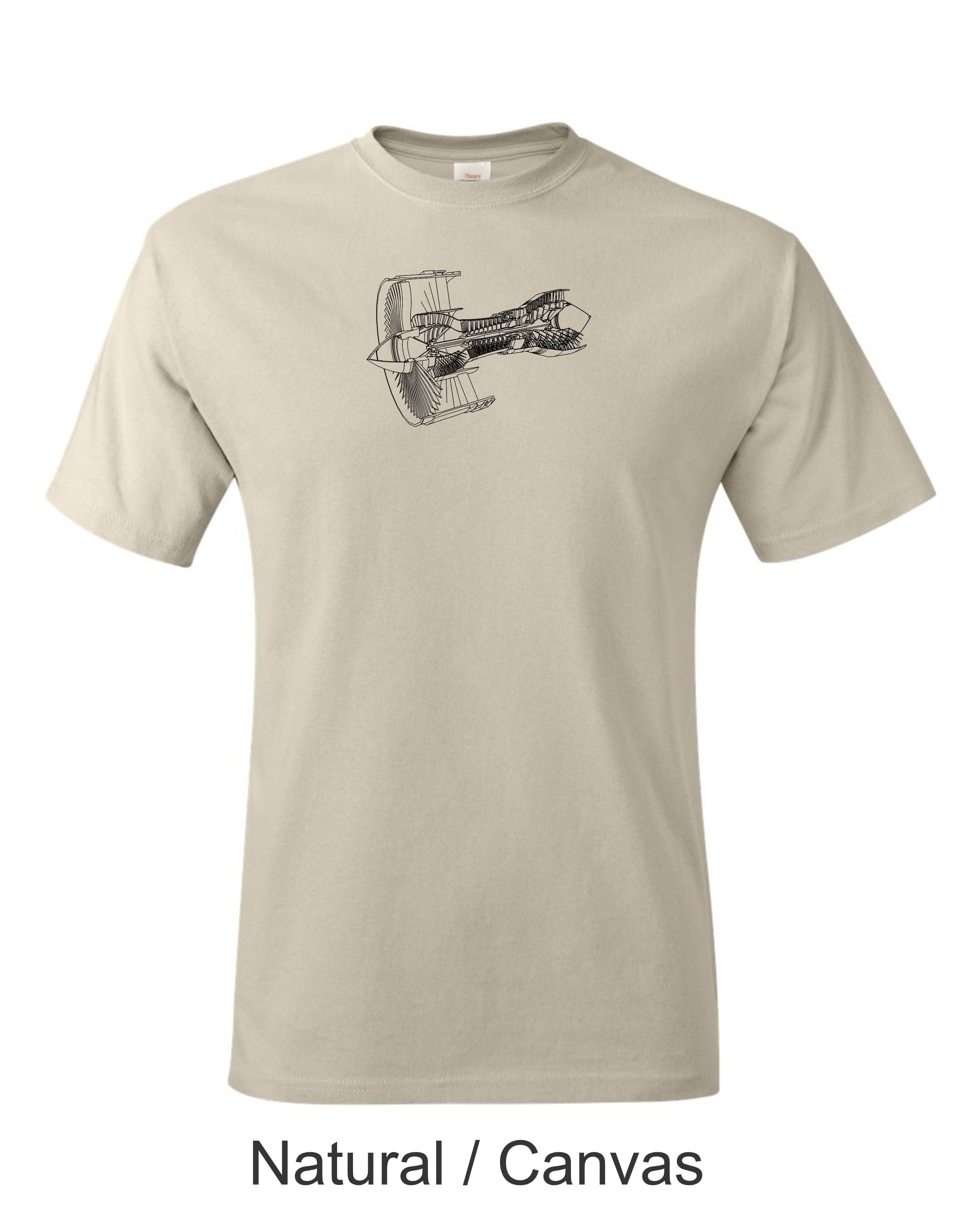 Turbofan Jet engine printed on men's shirt.  Free Shipping. Isometric Jet drawing.