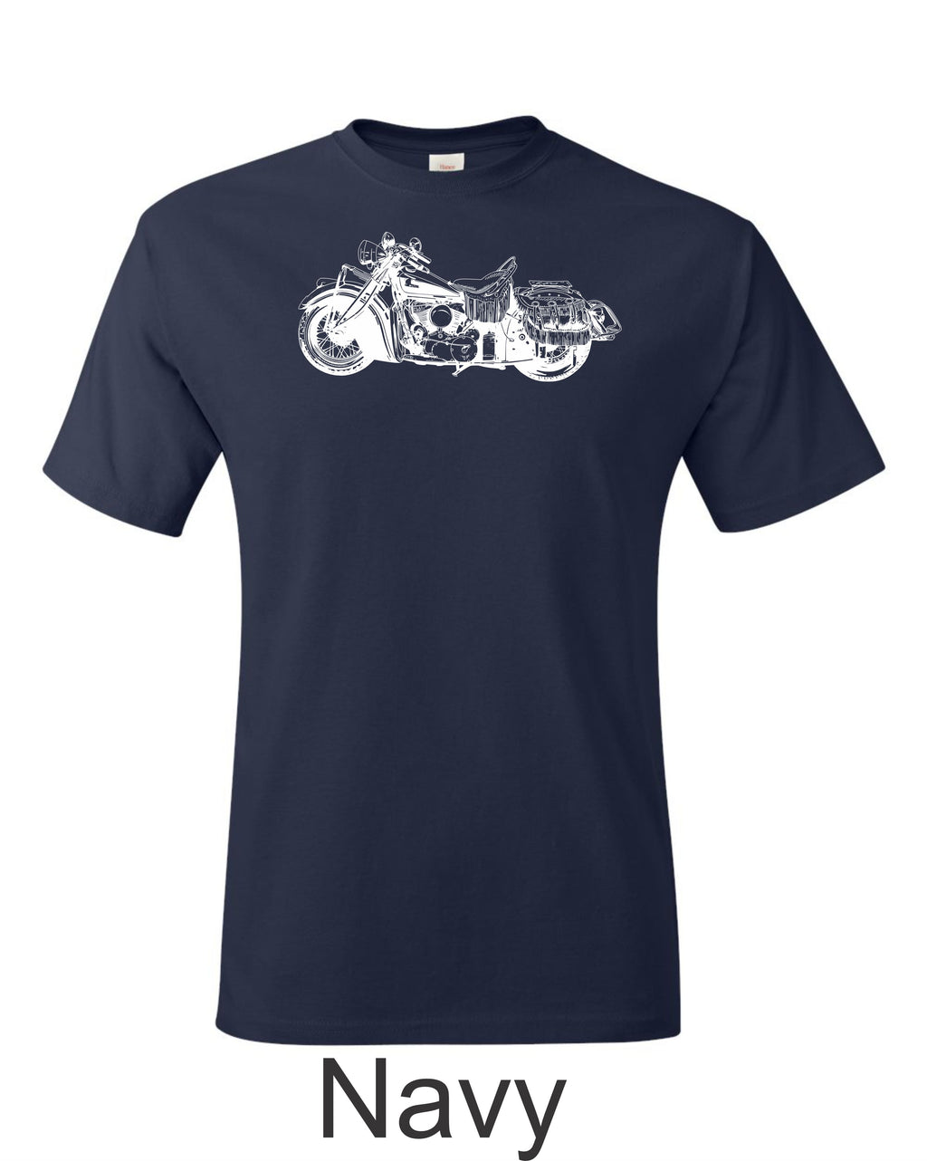 Indian motorcycle drawing printed on men's shirt. Classic 50's Harley motorcycle.
