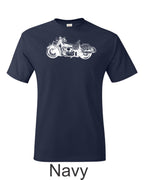 Indian motorcycle drawing printed on men's shirt. Classic 50's Harley motorcycle.