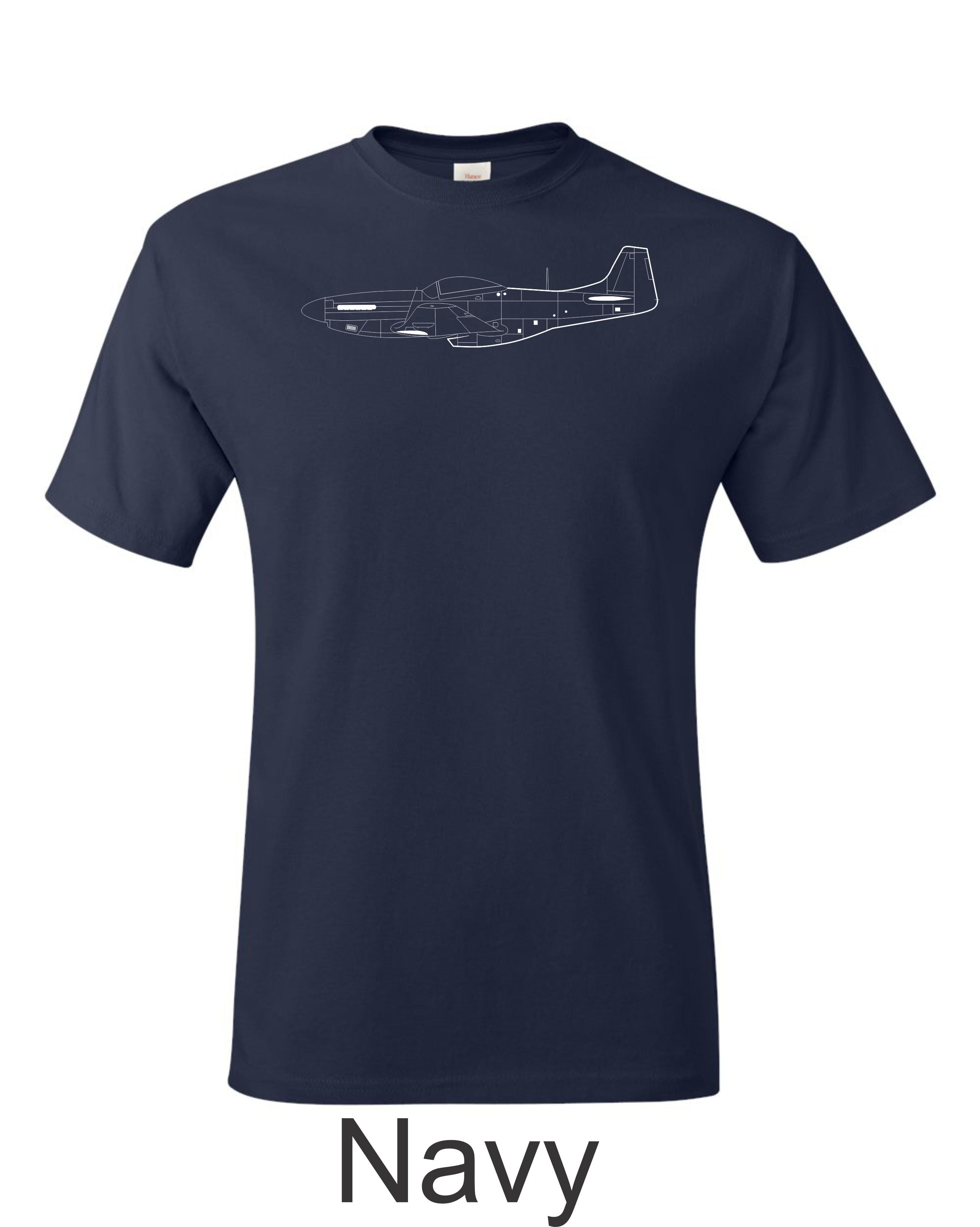 P 51 Mustang drawing printed on mens shirt.  Free Shipping.  Great gift for the warbird fan